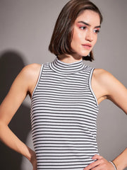 Women Black & White Striped Rib Turtle Neck Sleeveless Dress