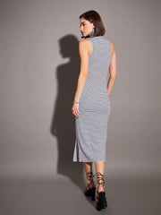 Women Black & White Striped Rib Turtle Neck Sleeveless Dress