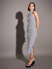 Women Black & White Striped Rib Turtle Neck Sleeveless Dress