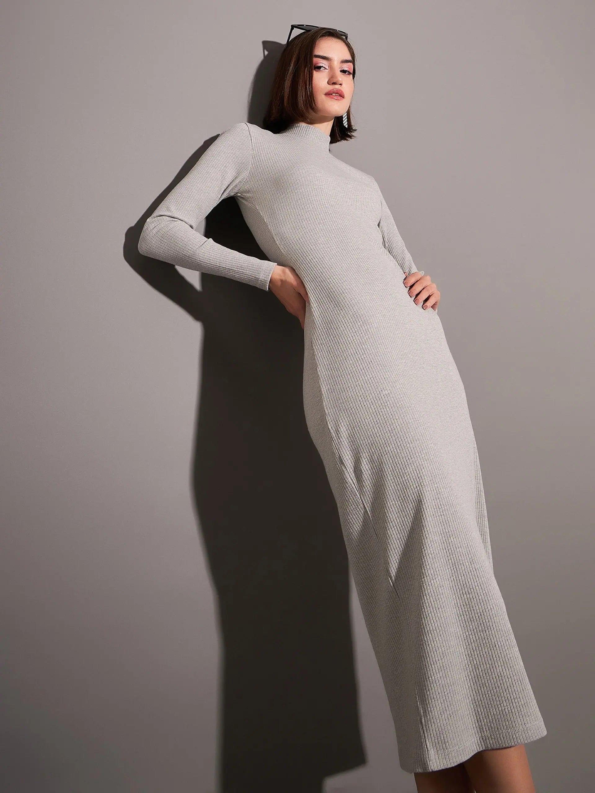 Grey Ribbed Maxi Dress - High Neck, Bodycon Style Grey Ribbed Maxi Dress - High Neck, Bodycon Style