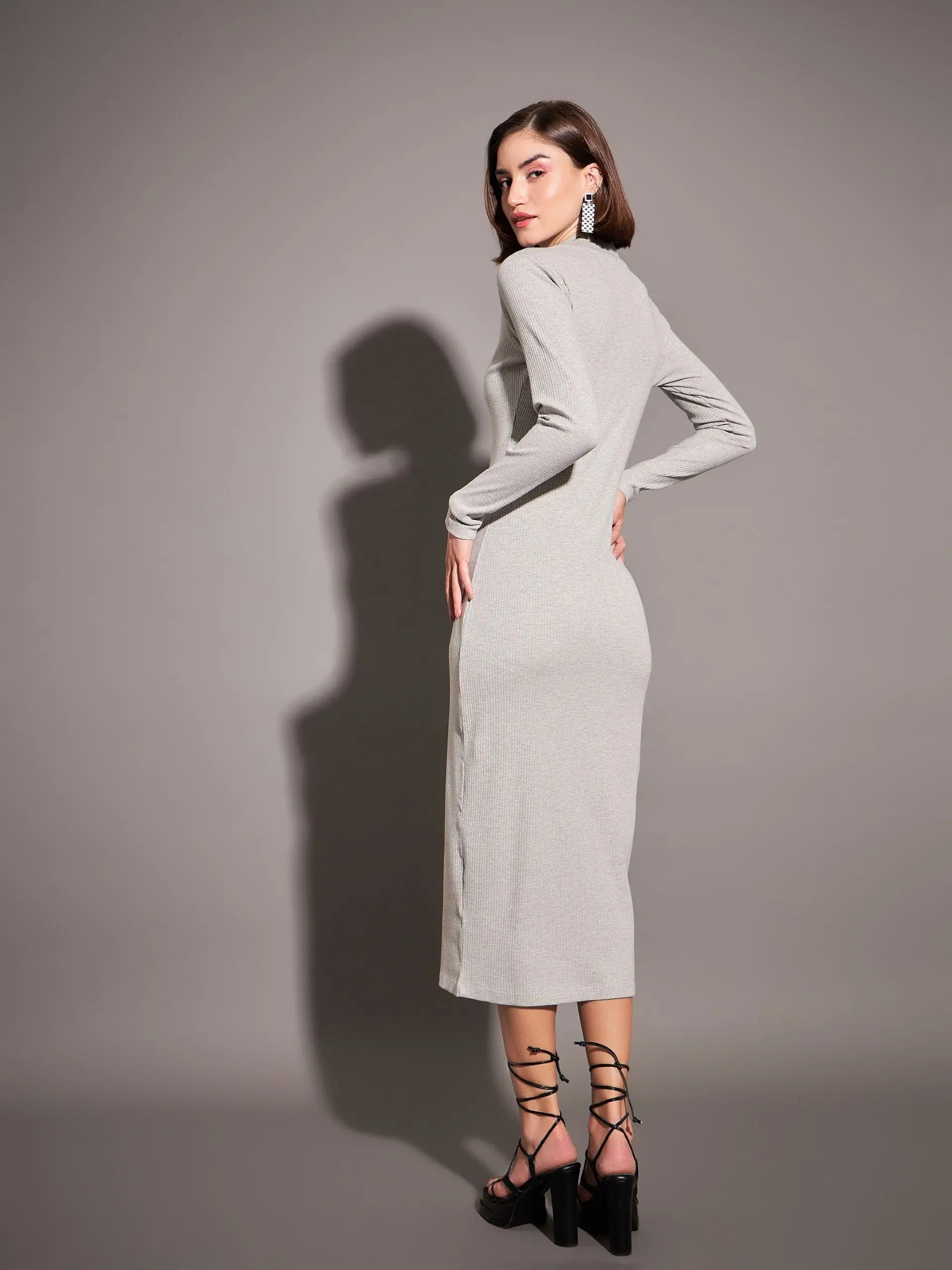 Grey Ribbed Maxi Dress - High Neck, Bodycon Style Grey Ribbed Maxi Dress - High Neck, Bodycon Style