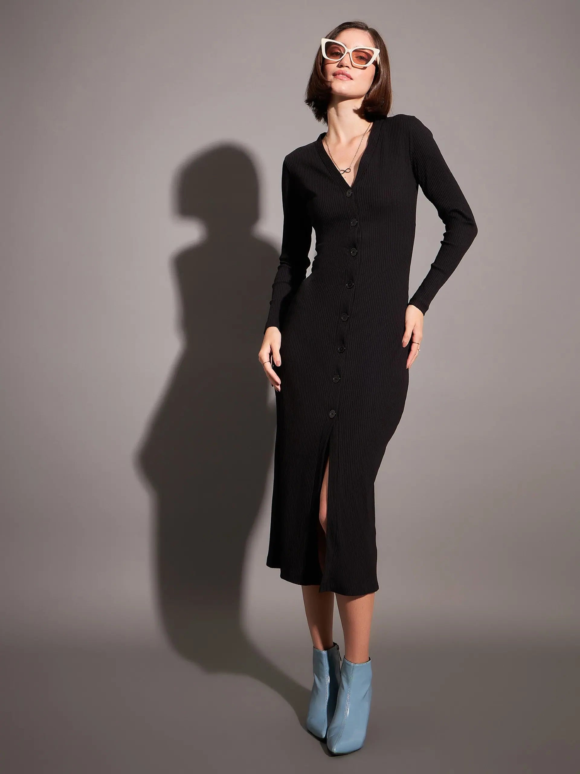 Black Rib Button Midi Dress Black Rib Button Midi Dress