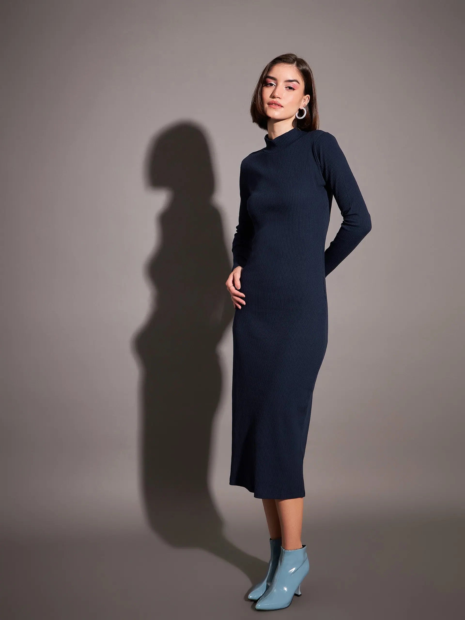 Navy Rib Maxi Dress - Designer Bodycon Dress for Women