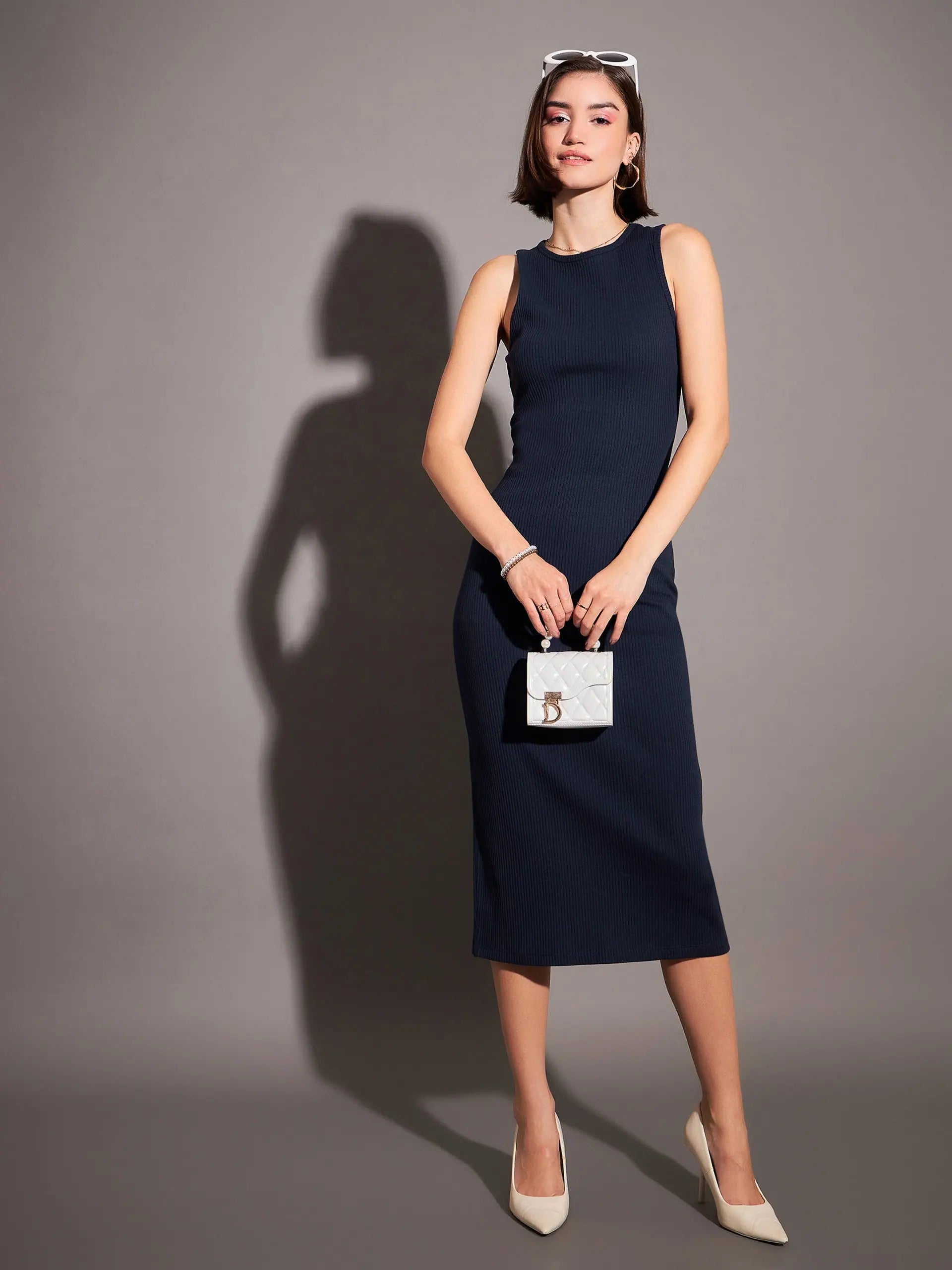 Navy Rib Sleeveless Bodycon Dress | Women's Western Outfits Navy Rib Sleeveless Bodycon Dress | Women's Western Outfits