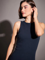 Women Navy Rib Sleeveless Bodycon Dress