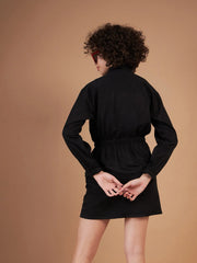 Women Black Twill Front Zipper Mini Dress