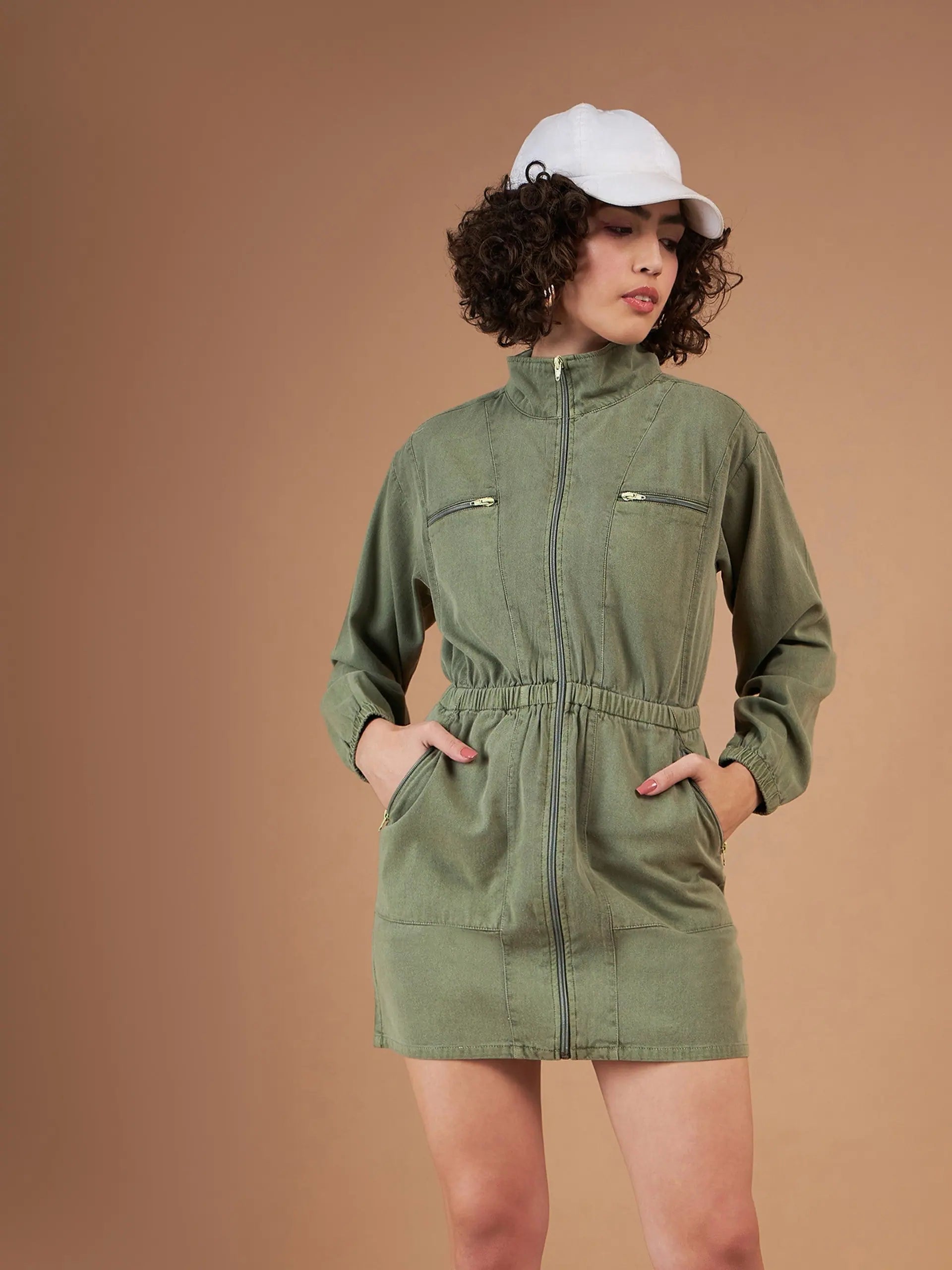 Olive Twill Mini Dress | Women's Casual Designer Fashion