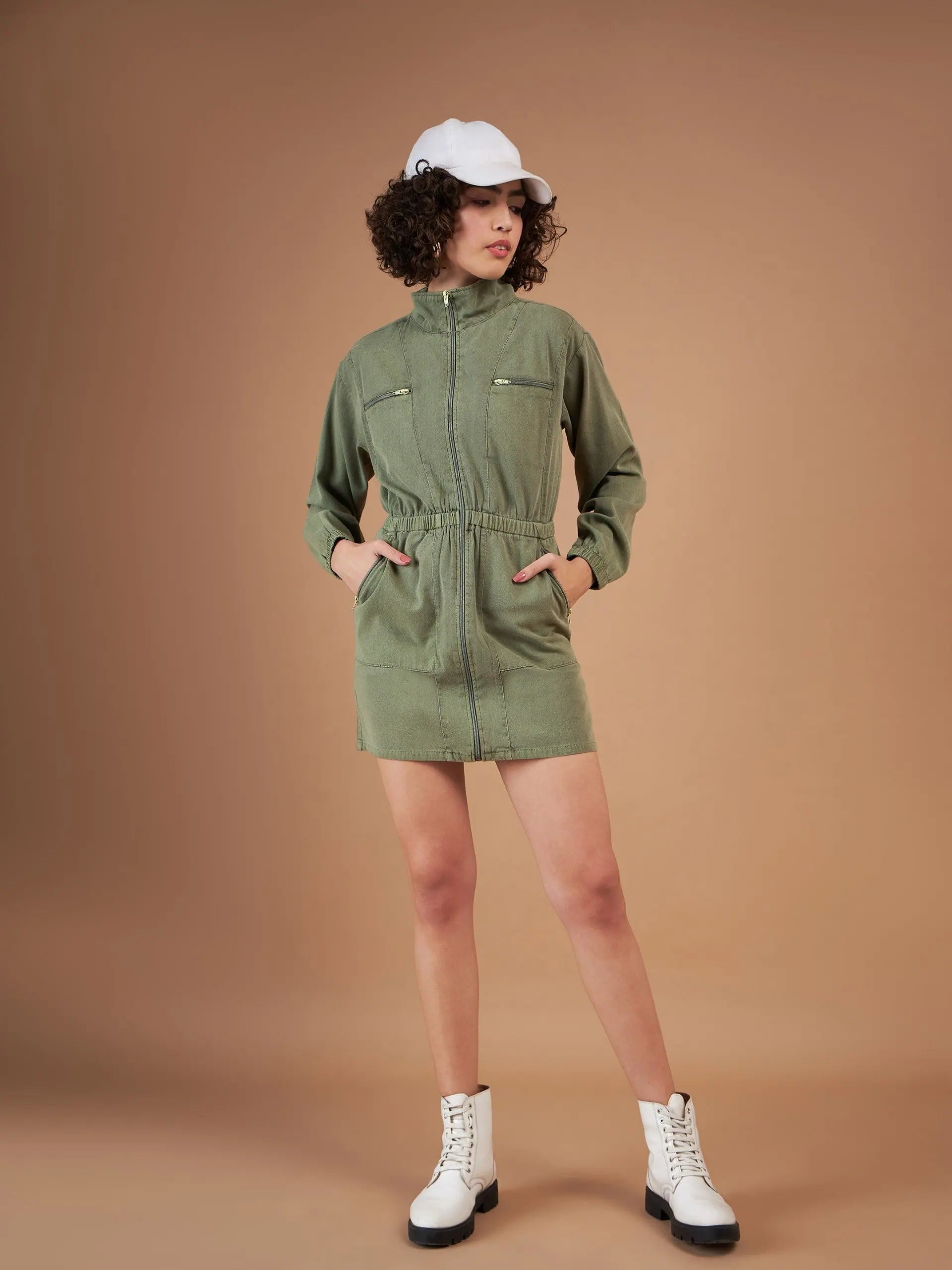 Olive Twill Mini Dress | Women's Casual Designer Fashion