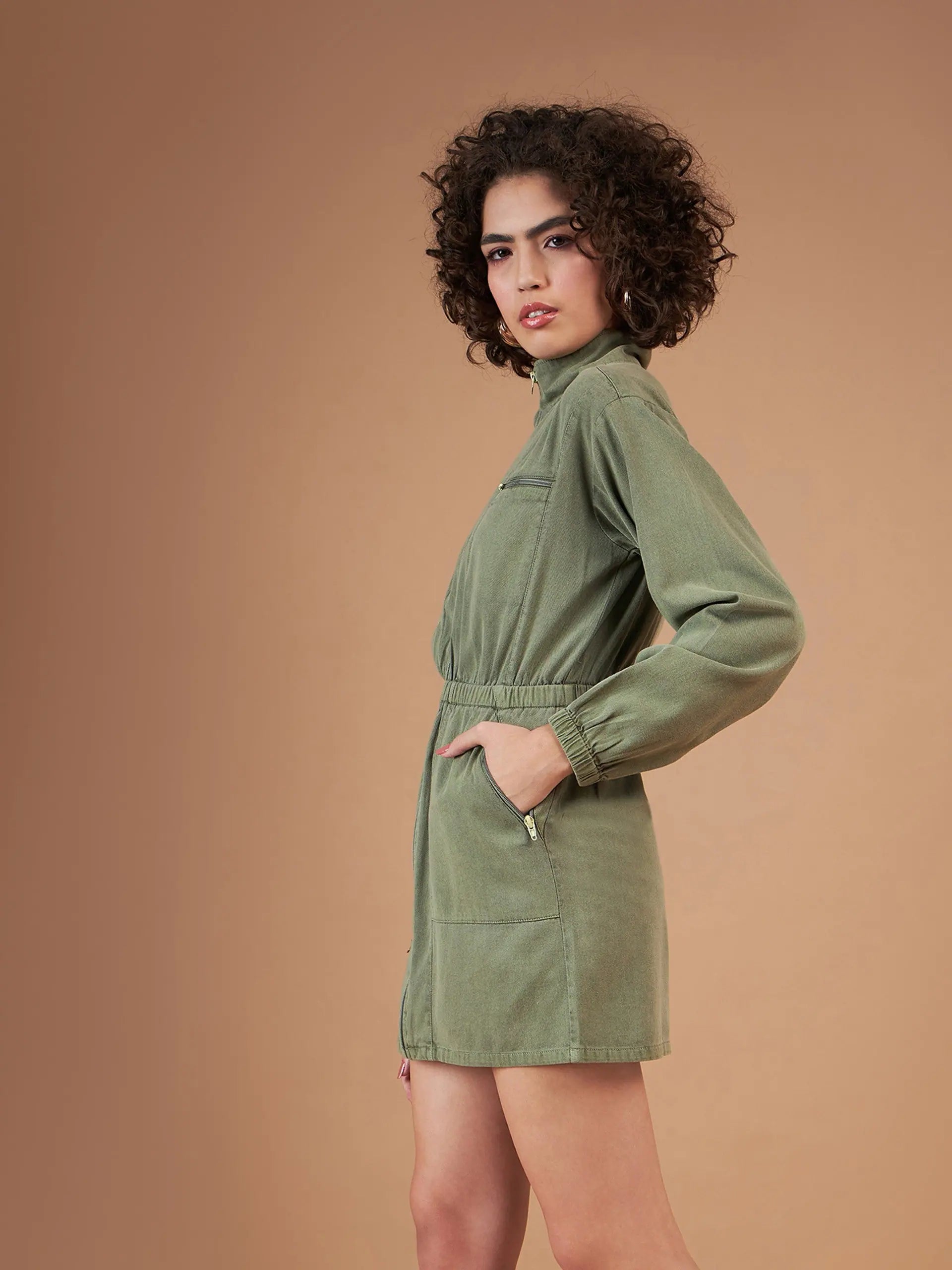 Olive Twill Mini Dress | Women's Casual Designer Fashion