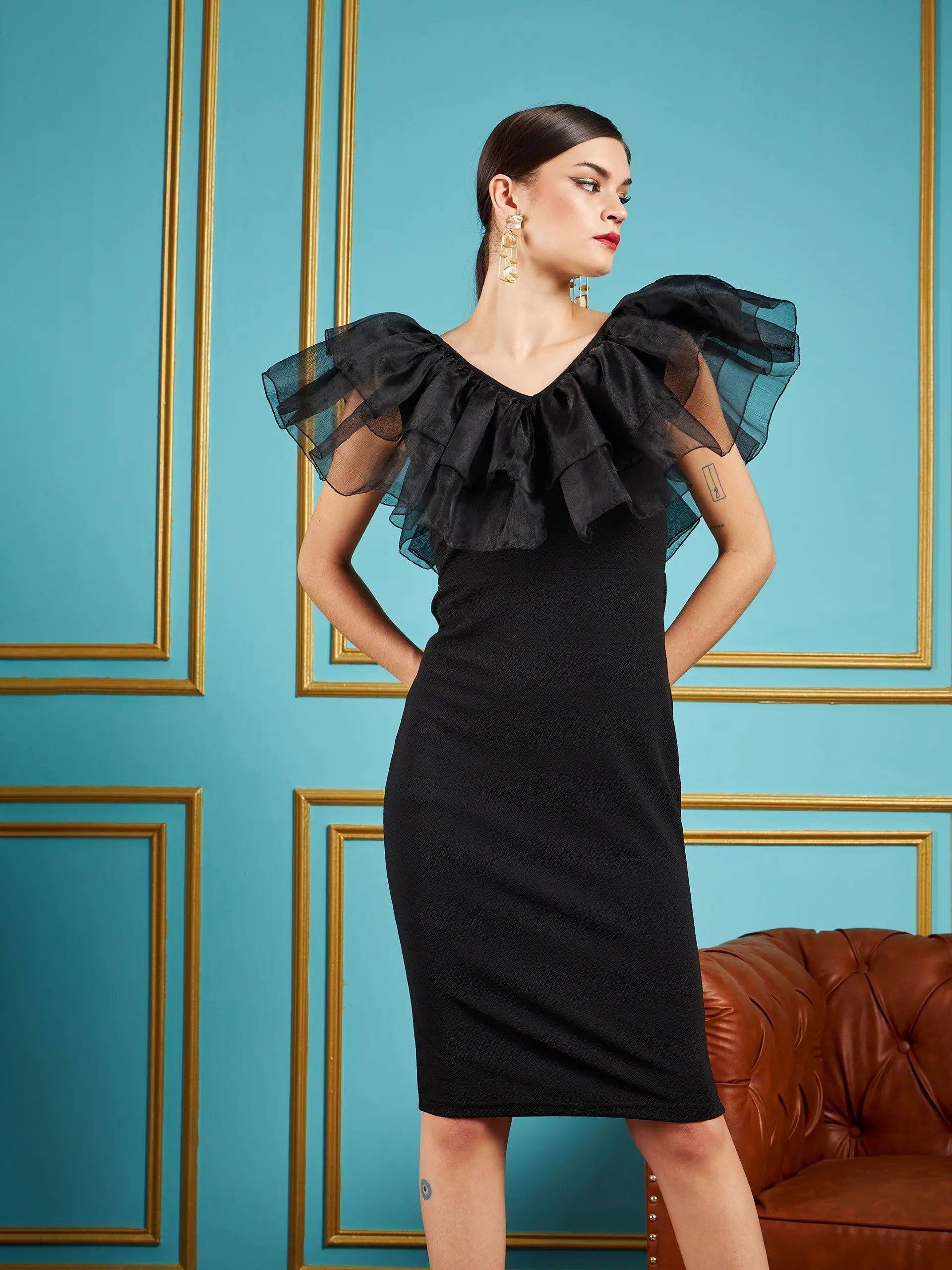Black Frill Neck Bodycon Midi Dress | Women's Designer Style
