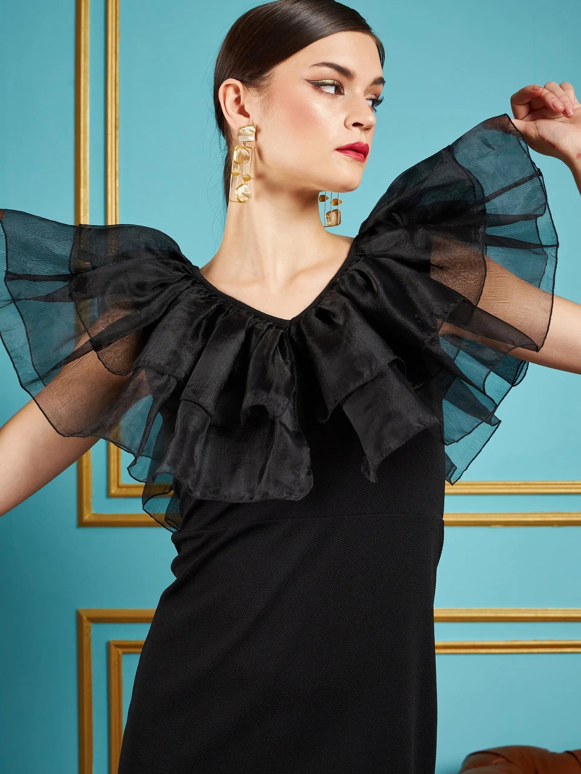 Black Frill Neck Bodycon Midi Dress | Women's Designer Style