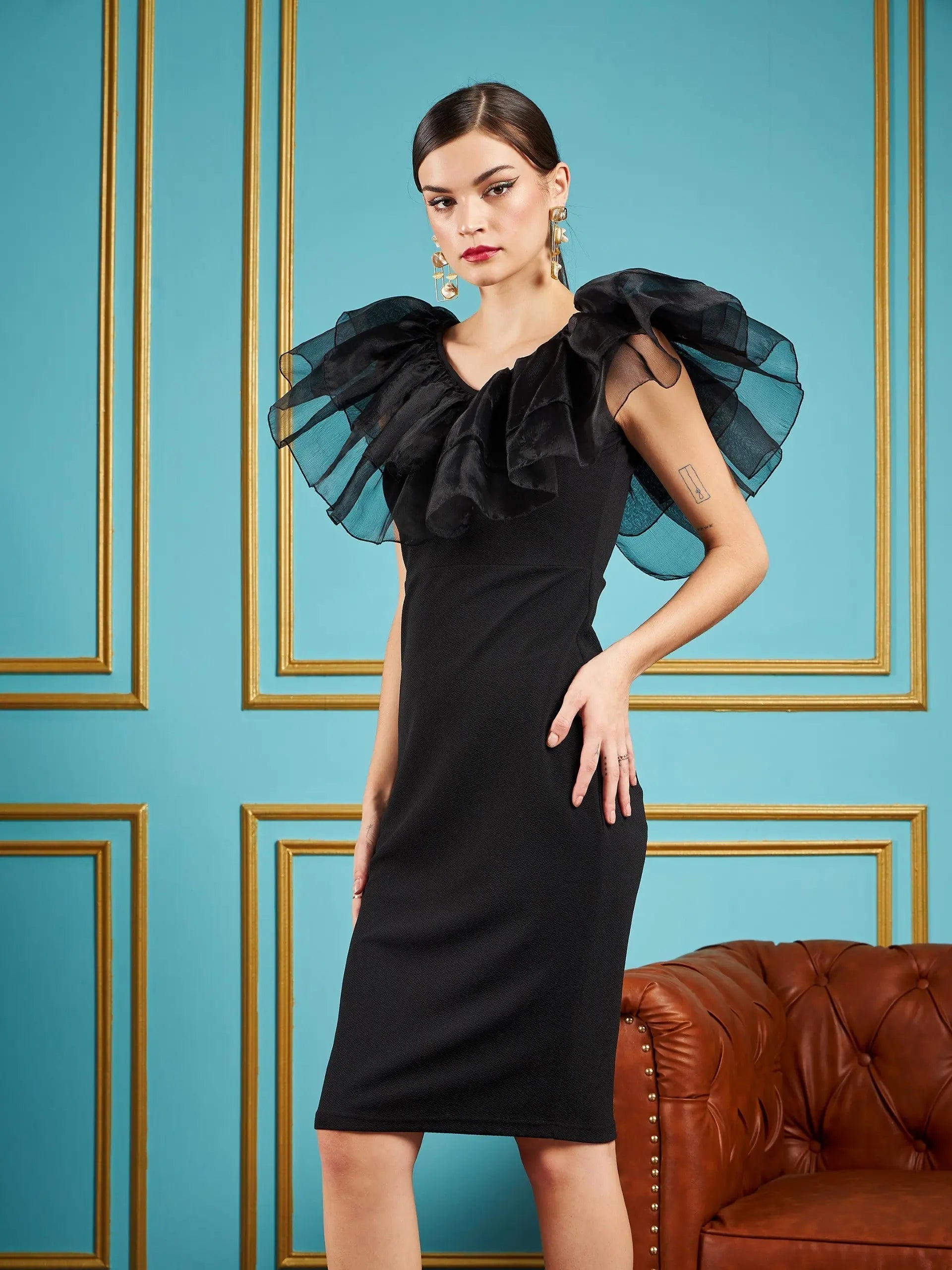 Black Frill Neck Bodycon Midi Dress | Women's Designer Style