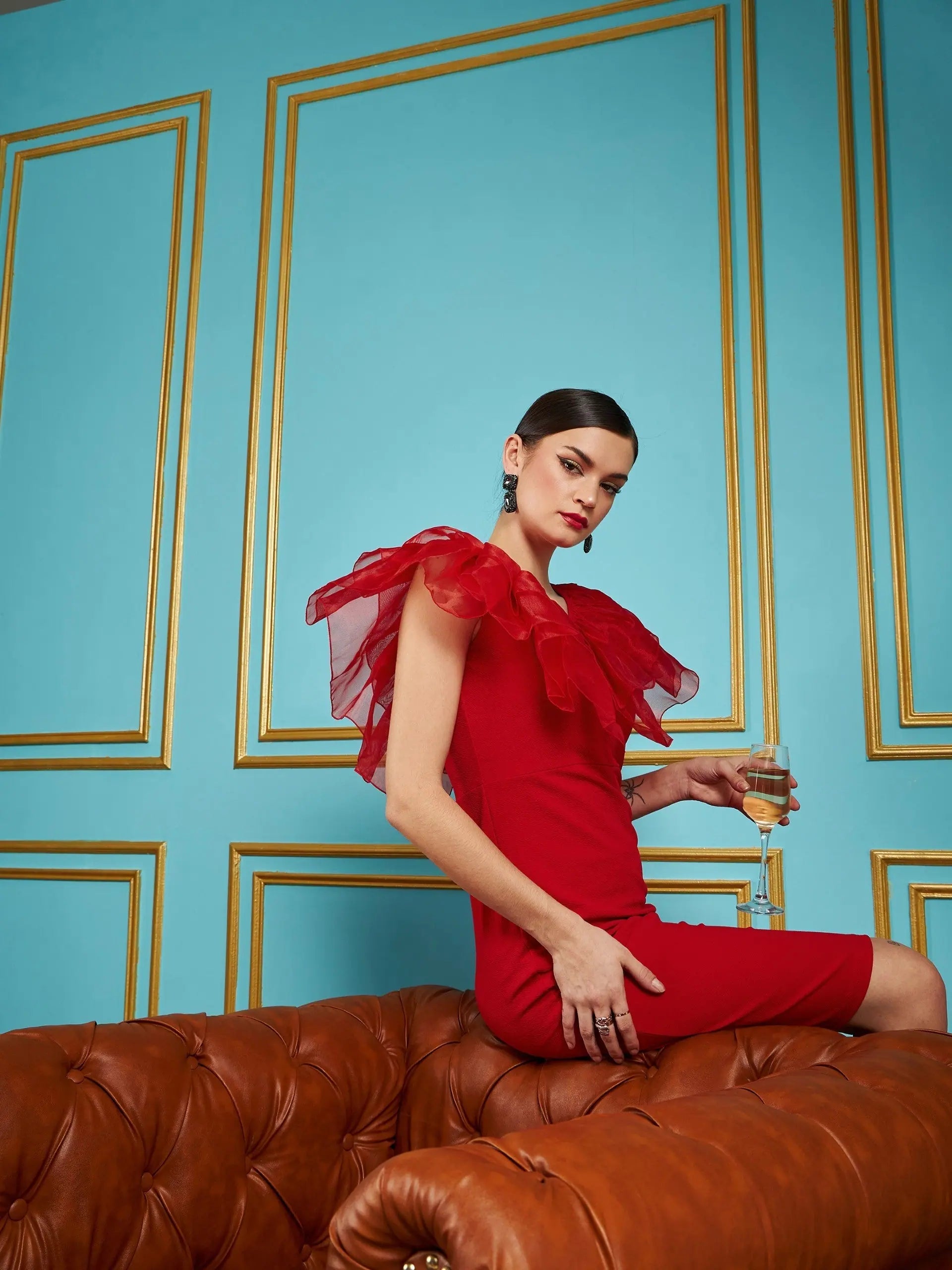 Red Frill Neck Bodycon Midi Dress - Women's Designer Lehenga Look