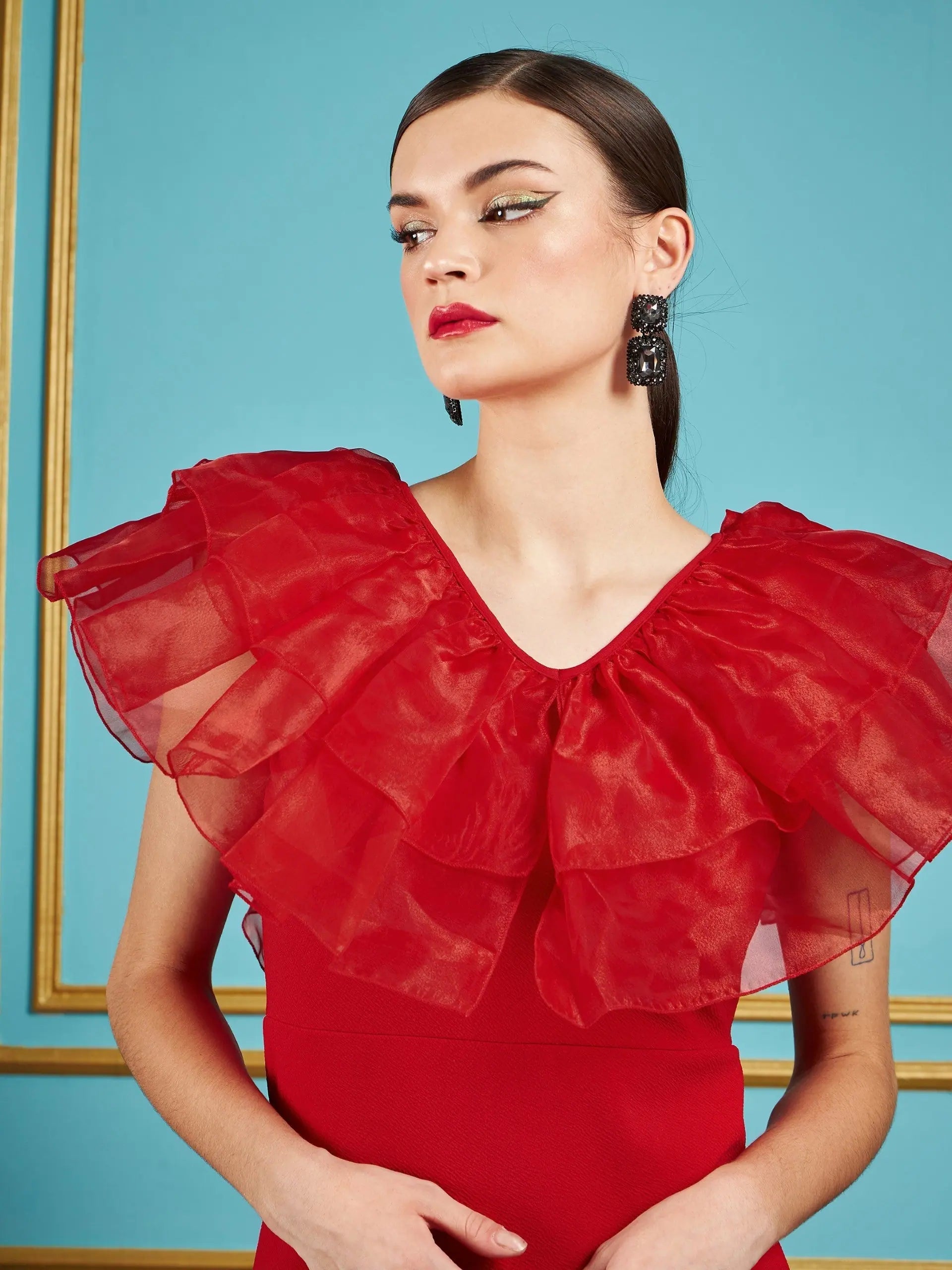 Red Frill Neck Bodycon Midi Dress - Women's Designer Lehenga Look