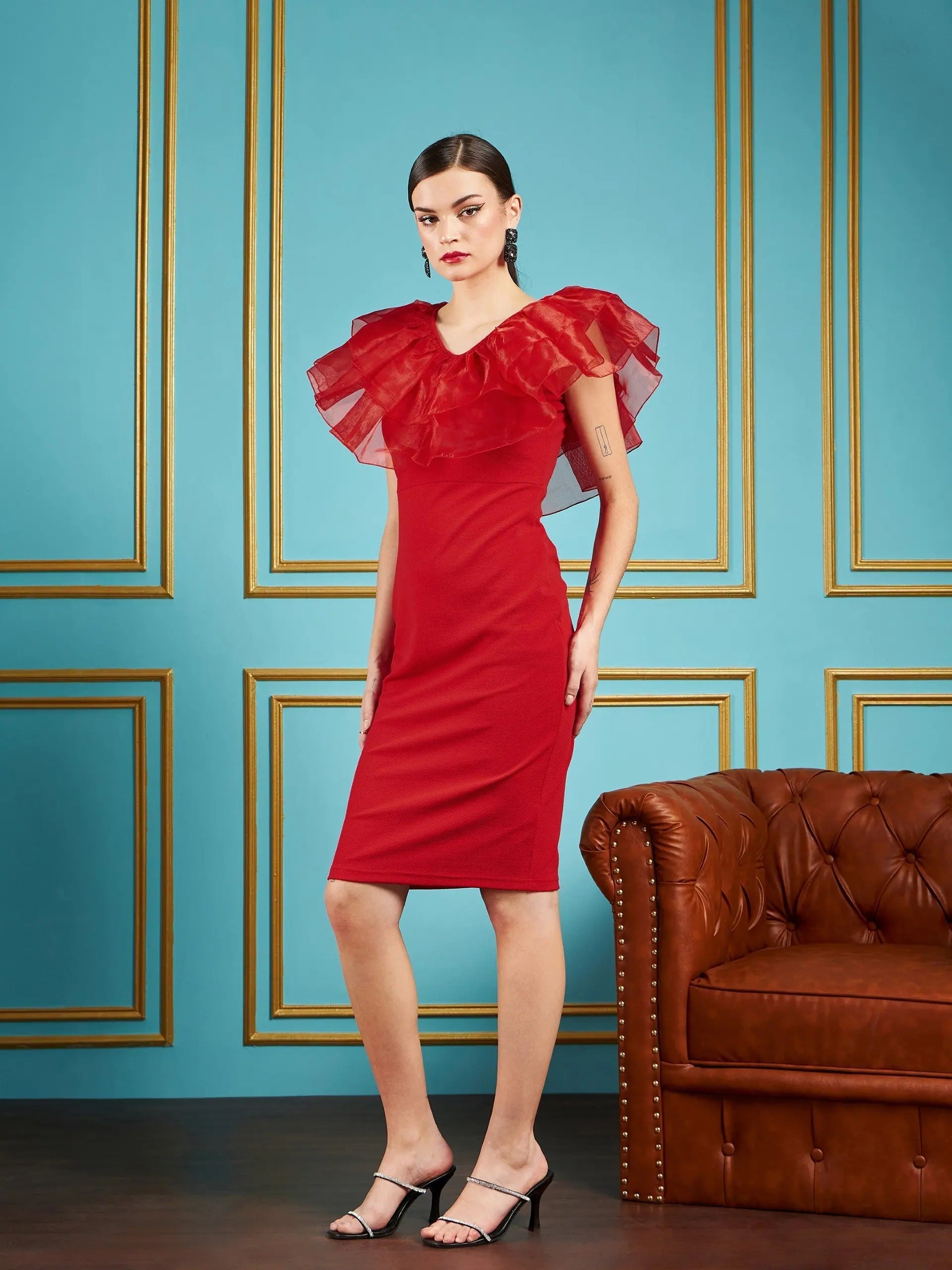 Red Frill Neck Bodycon Midi Dress - Women's Designer Lehenga Look Red Frill Neck Bodycon Midi Dress - Women's Designer Lehenga Look