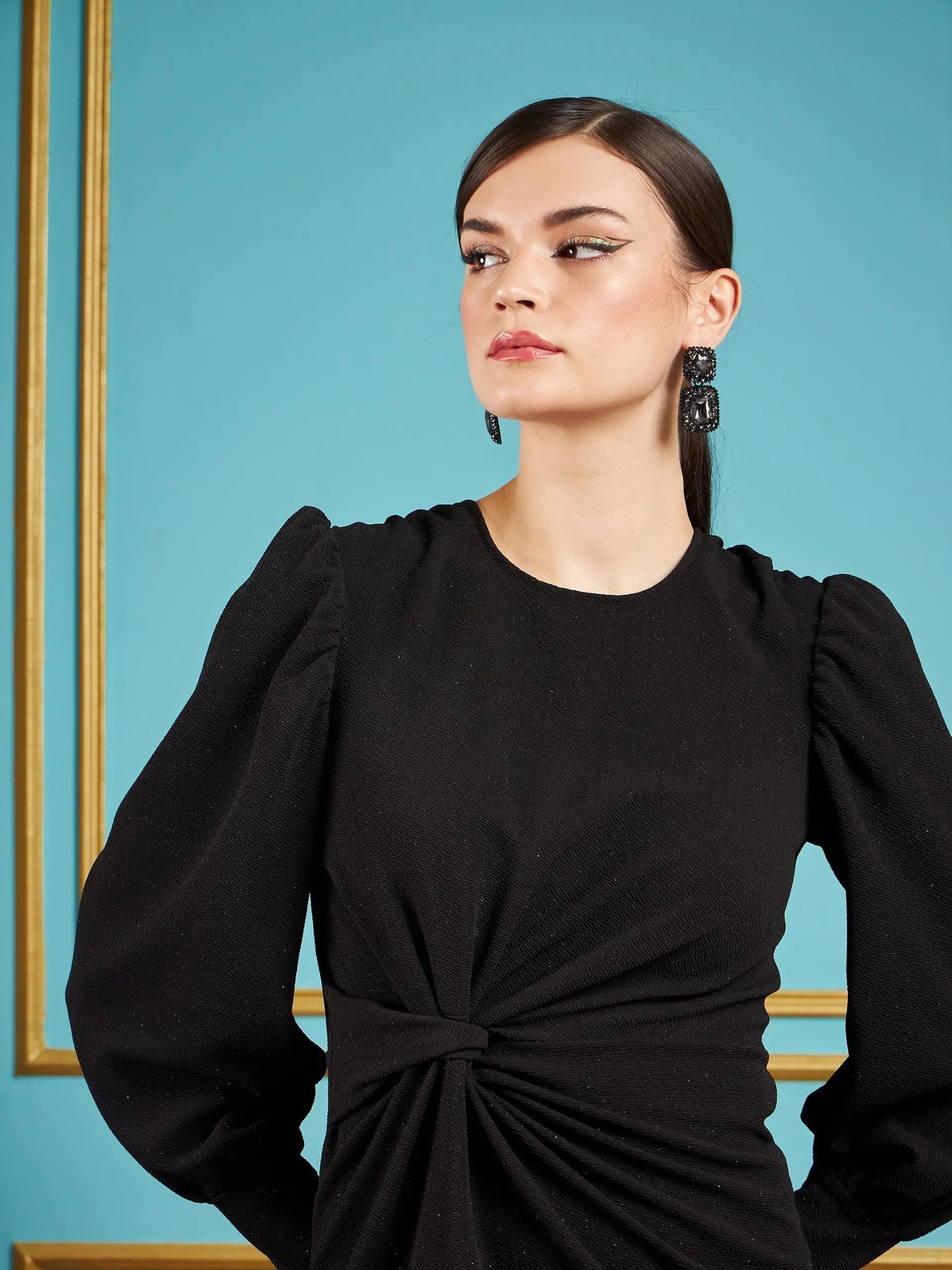 Black Glitter Puff Sleeve Bodycon Dress | Western Clothing