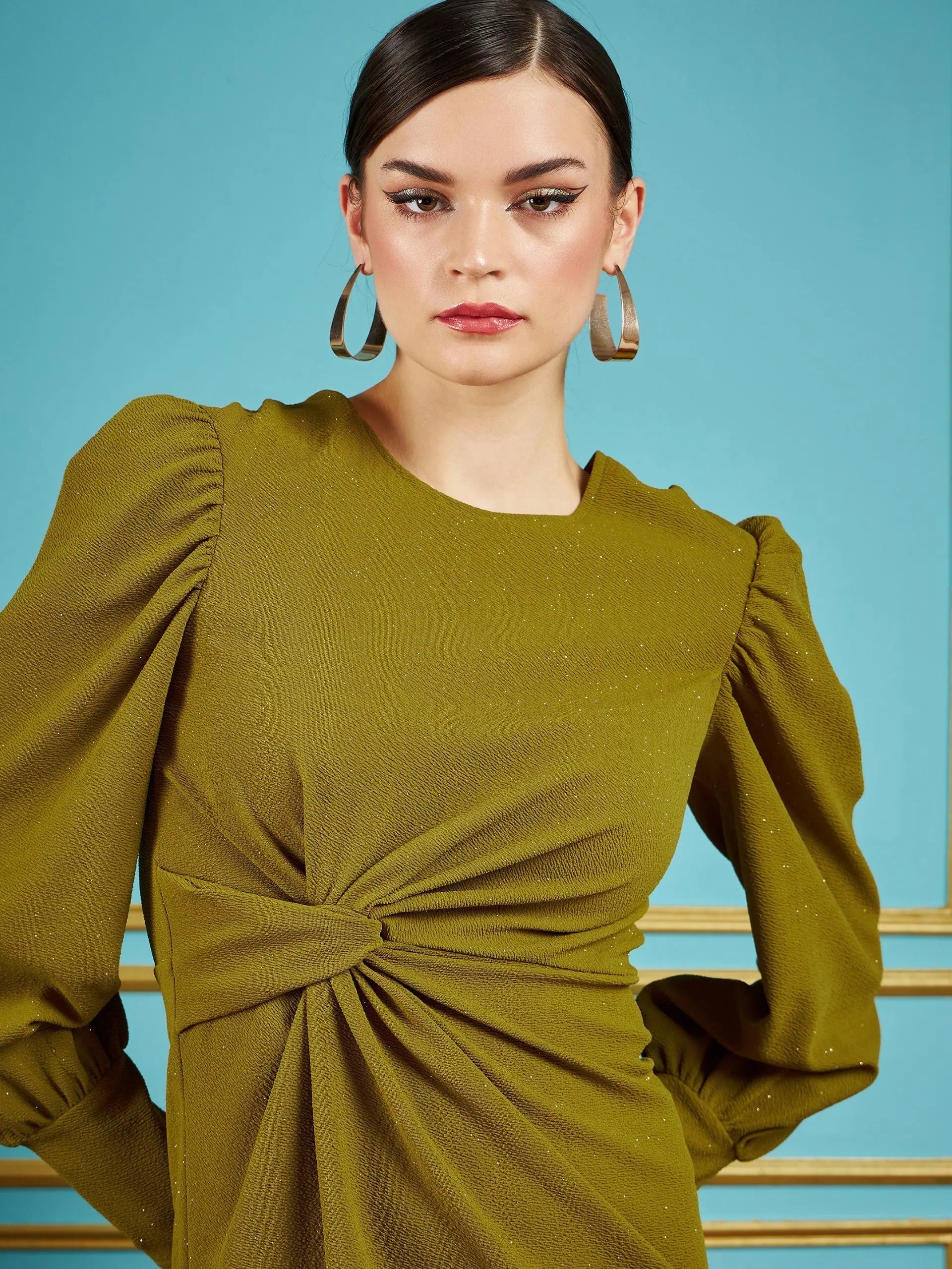 Olive Glitter Puff Sleeve Bodycon Dress | Western Outfits