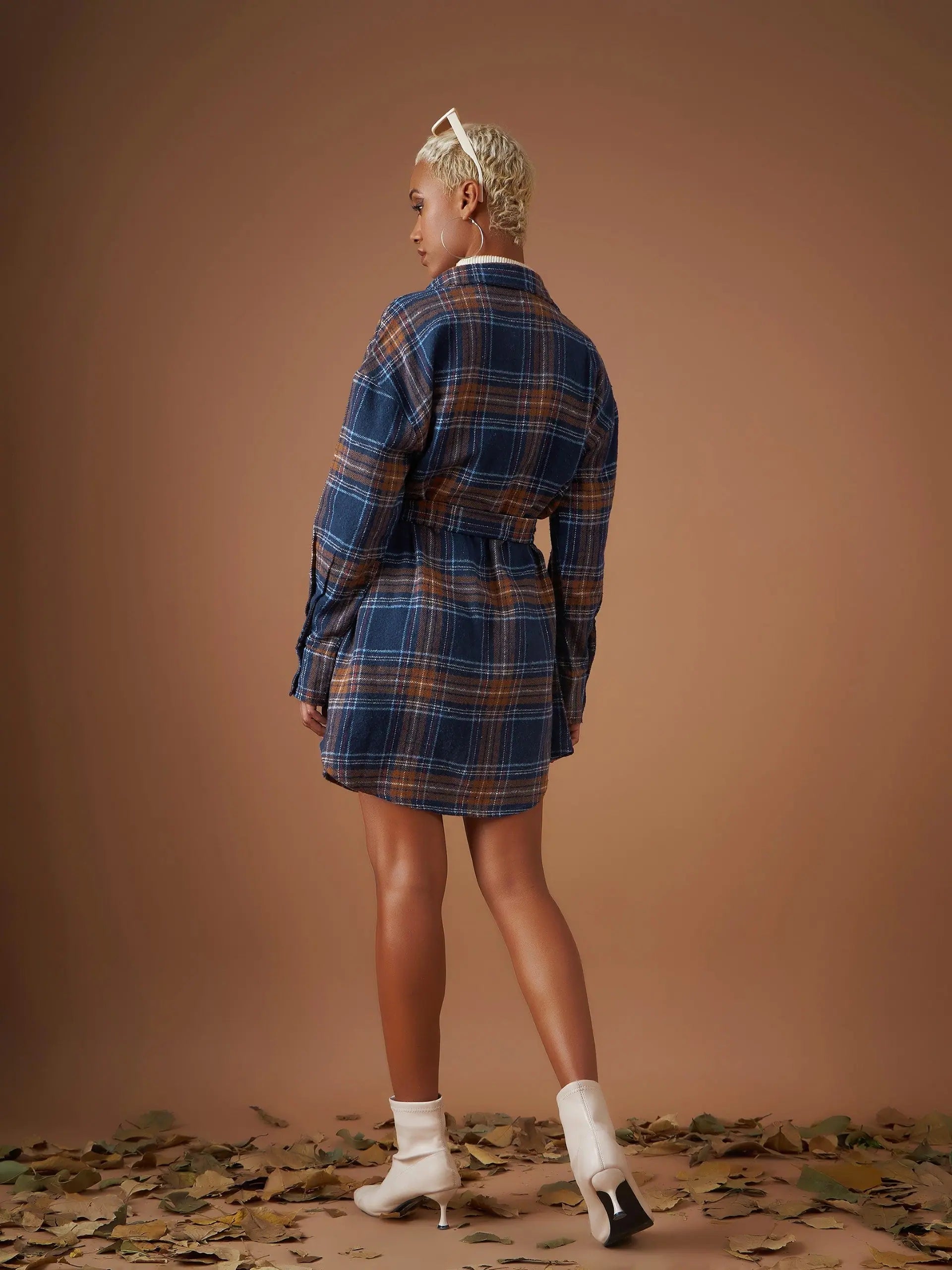 Navy Flannel Check Shirt Dress - Ethnic Lehenga Style for Women