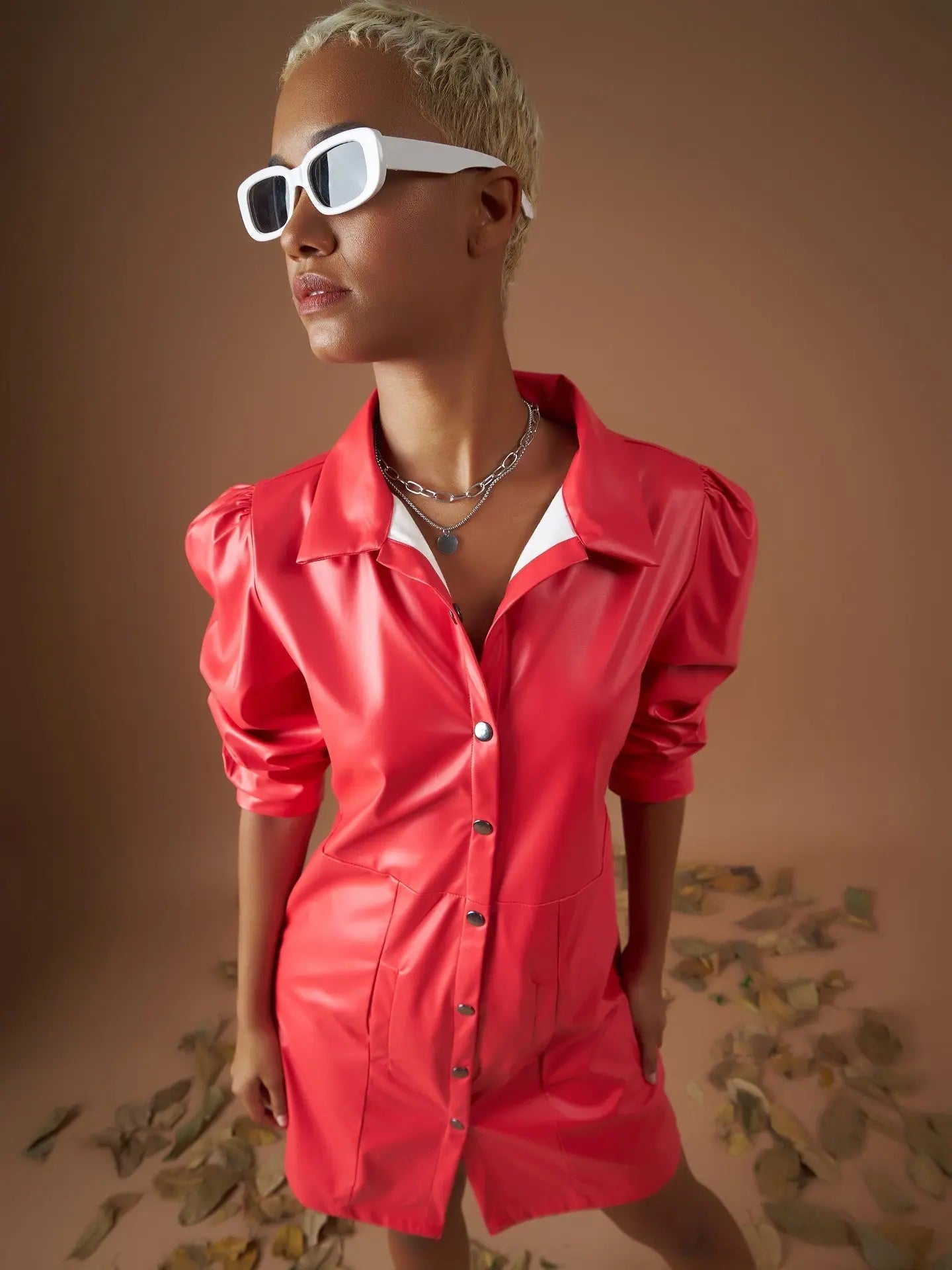 Women Red PU Shirt Dress - Party Wear & Designer Lehenga Look