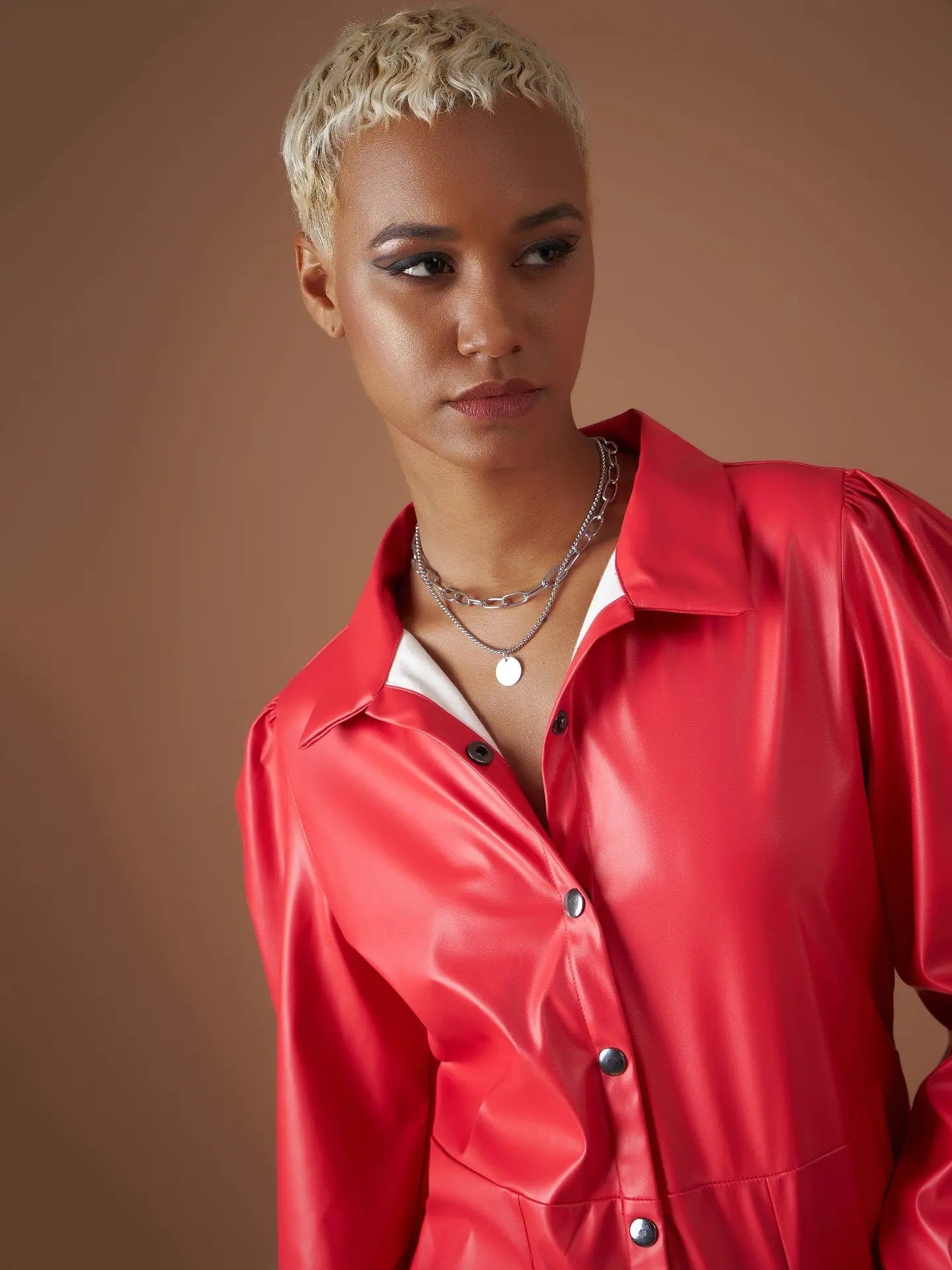 Women Red PU Shirt Dress - Party Wear & Designer Lehenga Look