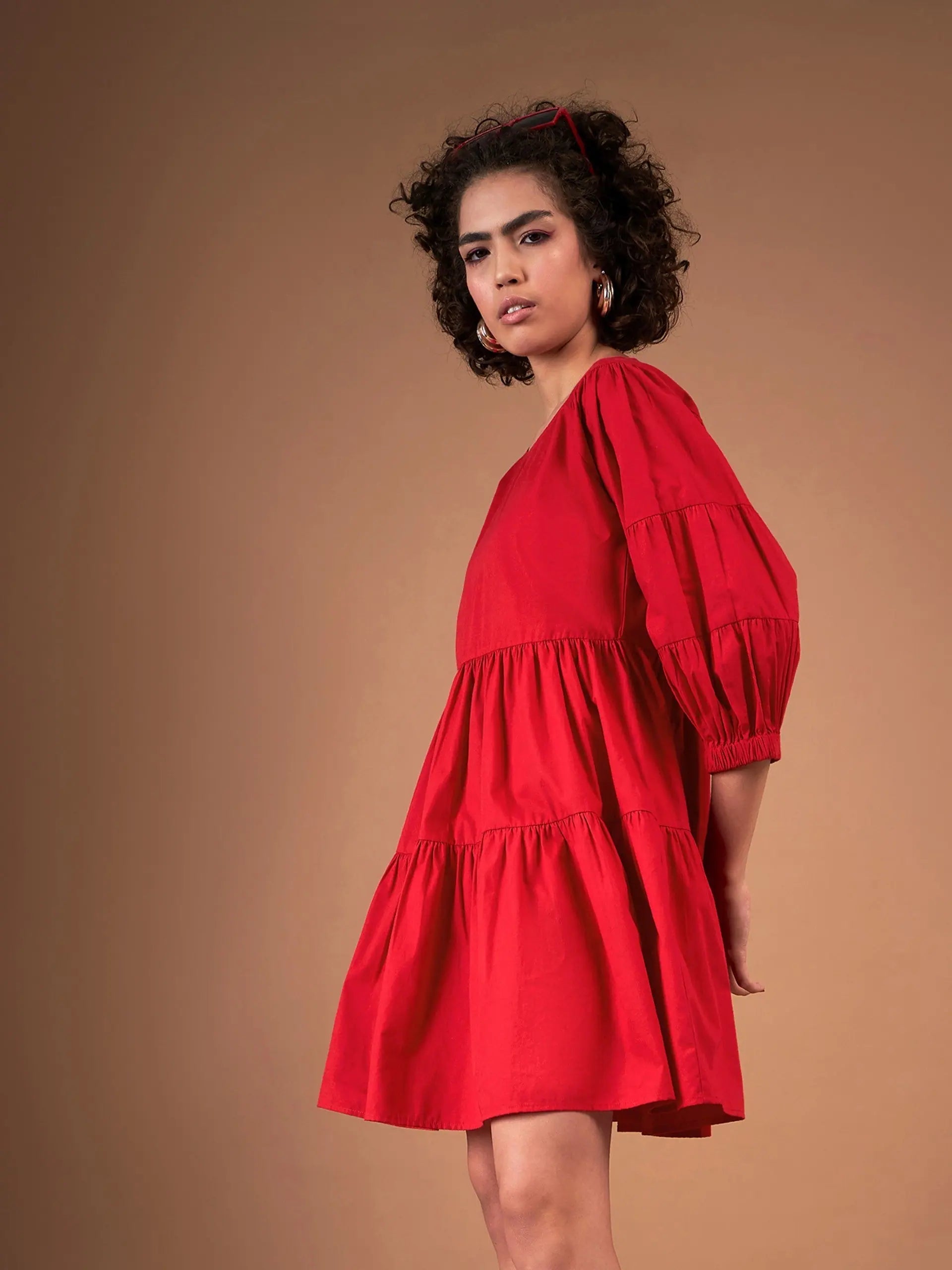 Red Poplin Tiered Mini Dress | Drop Shoulder Design