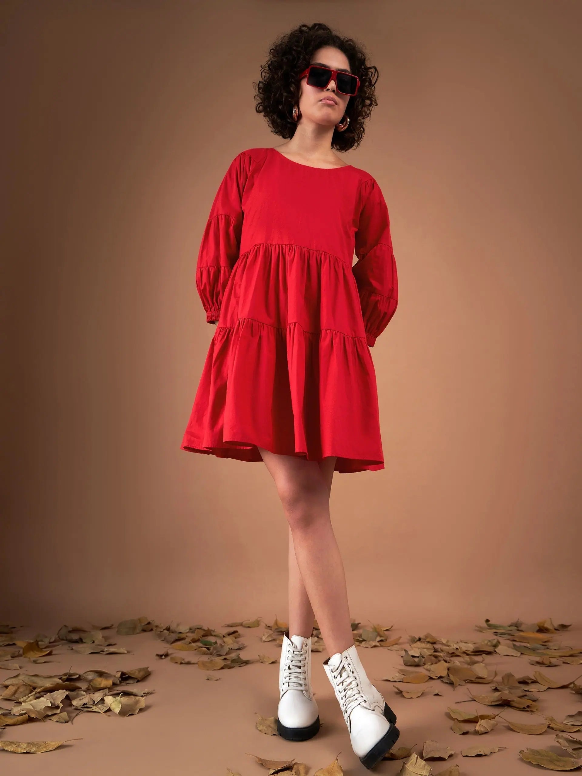 Red Poplin Tiered Mini Dress | Drop Shoulder Design