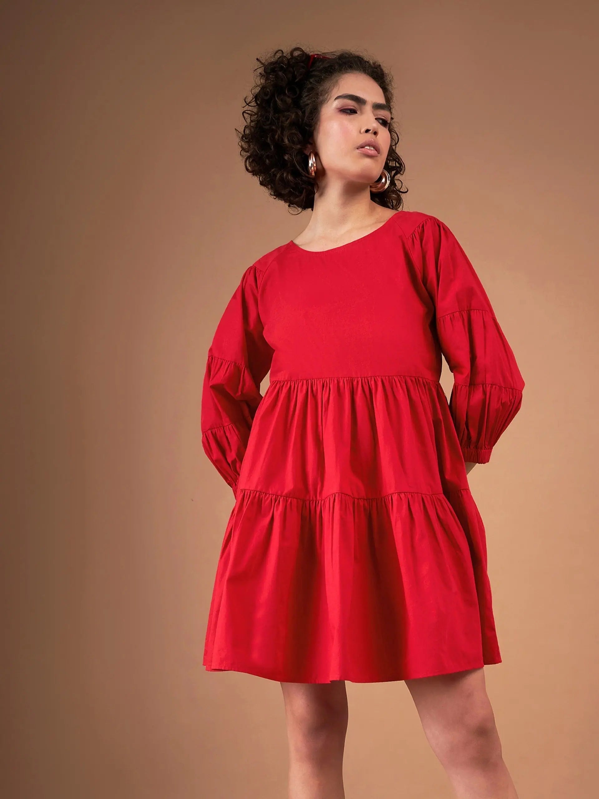 Red Poplin Tiered Mini Dress | Drop Shoulder Design