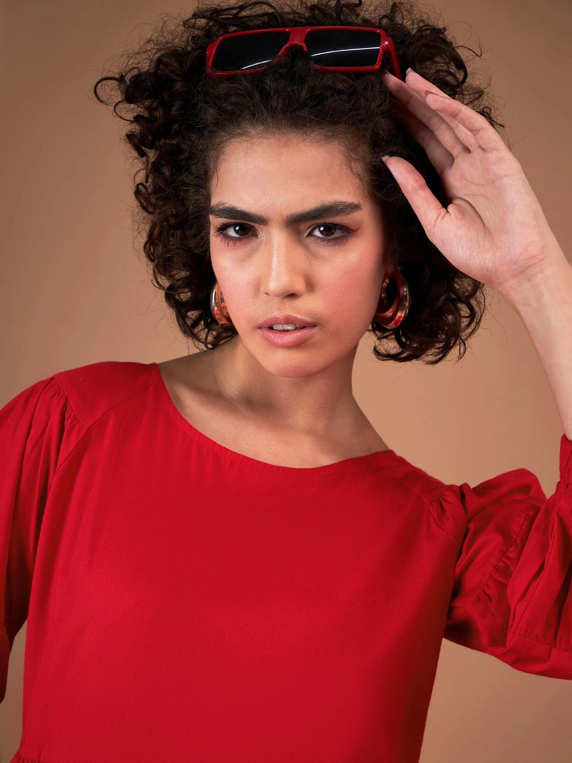 Red Poplin Tiered Mini Dress | Drop Shoulder Design