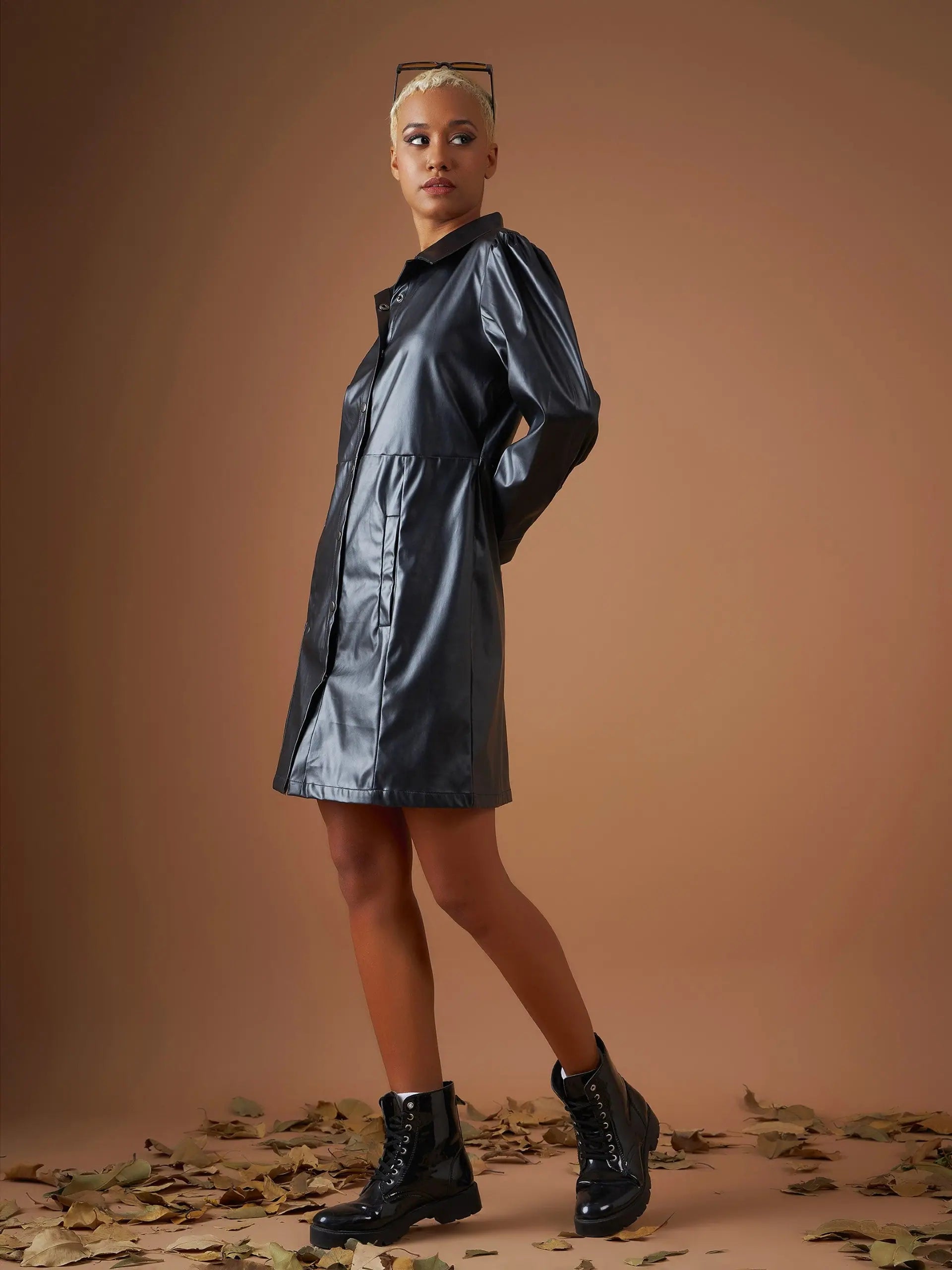 Women's Black PU Shirt Dress | Button Closure