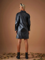 Women Black Pu Shirt Dress