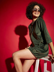 Women Olive Velour Tie Hem Mini Dress