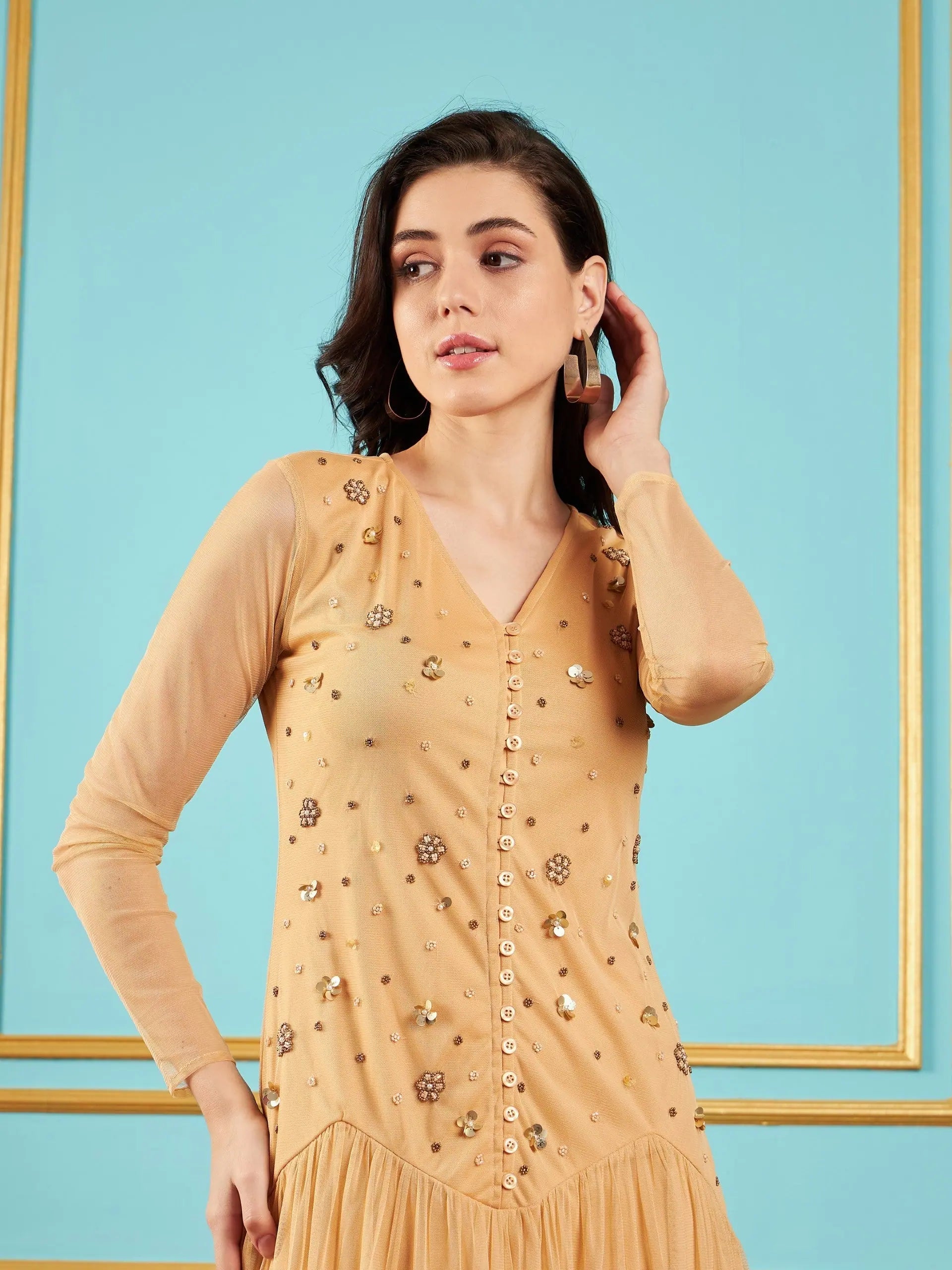 Beige Embellished Fit & Flare Midi Dress | Women's Western Wear