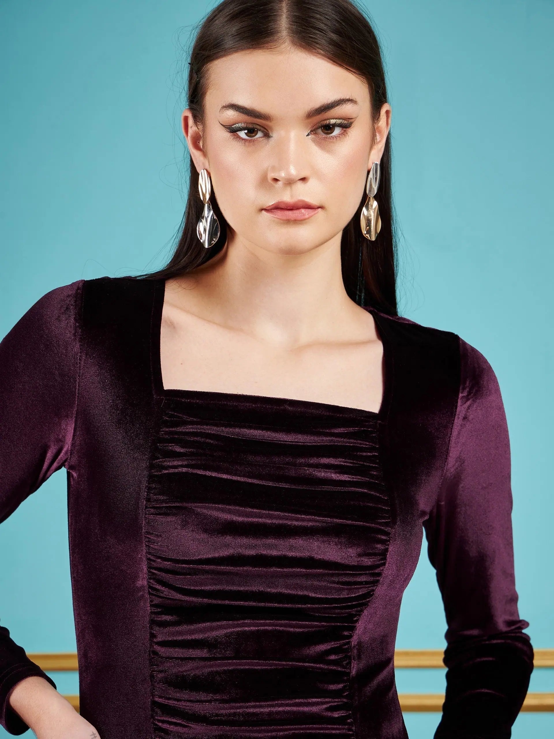 Burgundy Velvet Bodycon Dress | Ruched Detail