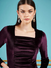 Women Burgundy Velvet Ruched Bodycon Dress