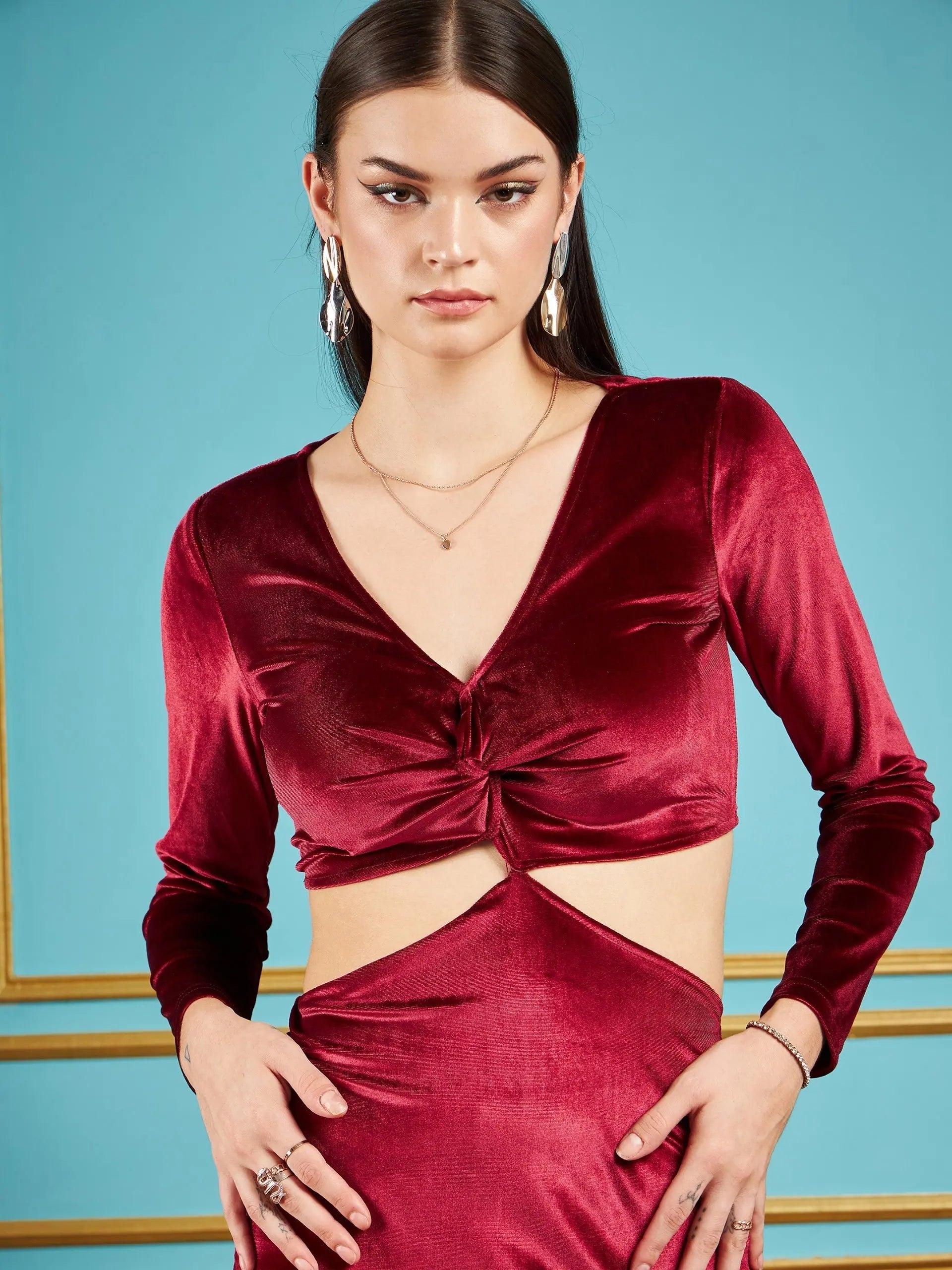 Maroon Velvet Waist Cut Out Maxi Dress | Lehenga for Women