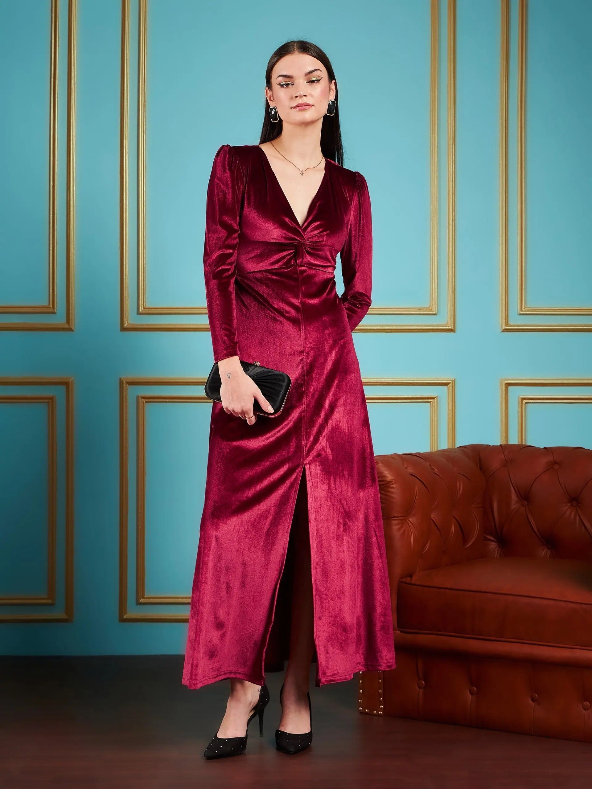 Maroon Velvet Twisted Maxi Dress | Women's Lehenga Online