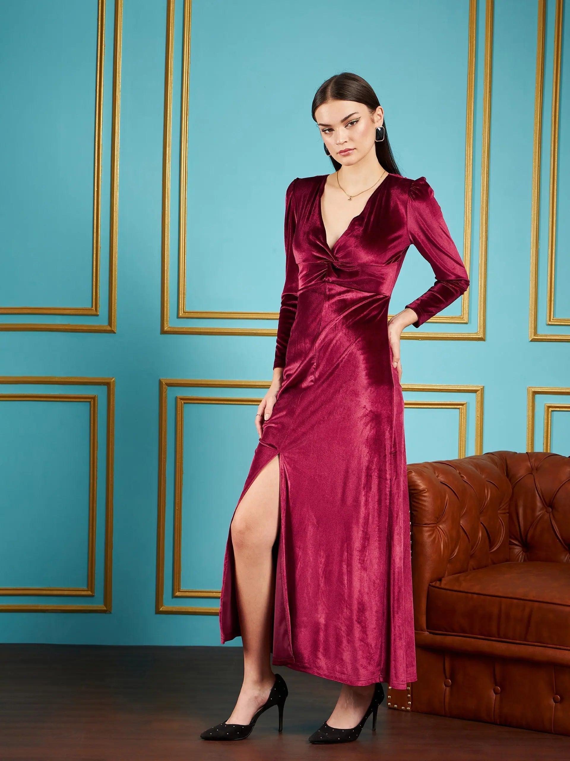 Maroon Velvet Twisted Maxi Dress | Women's Lehenga Online