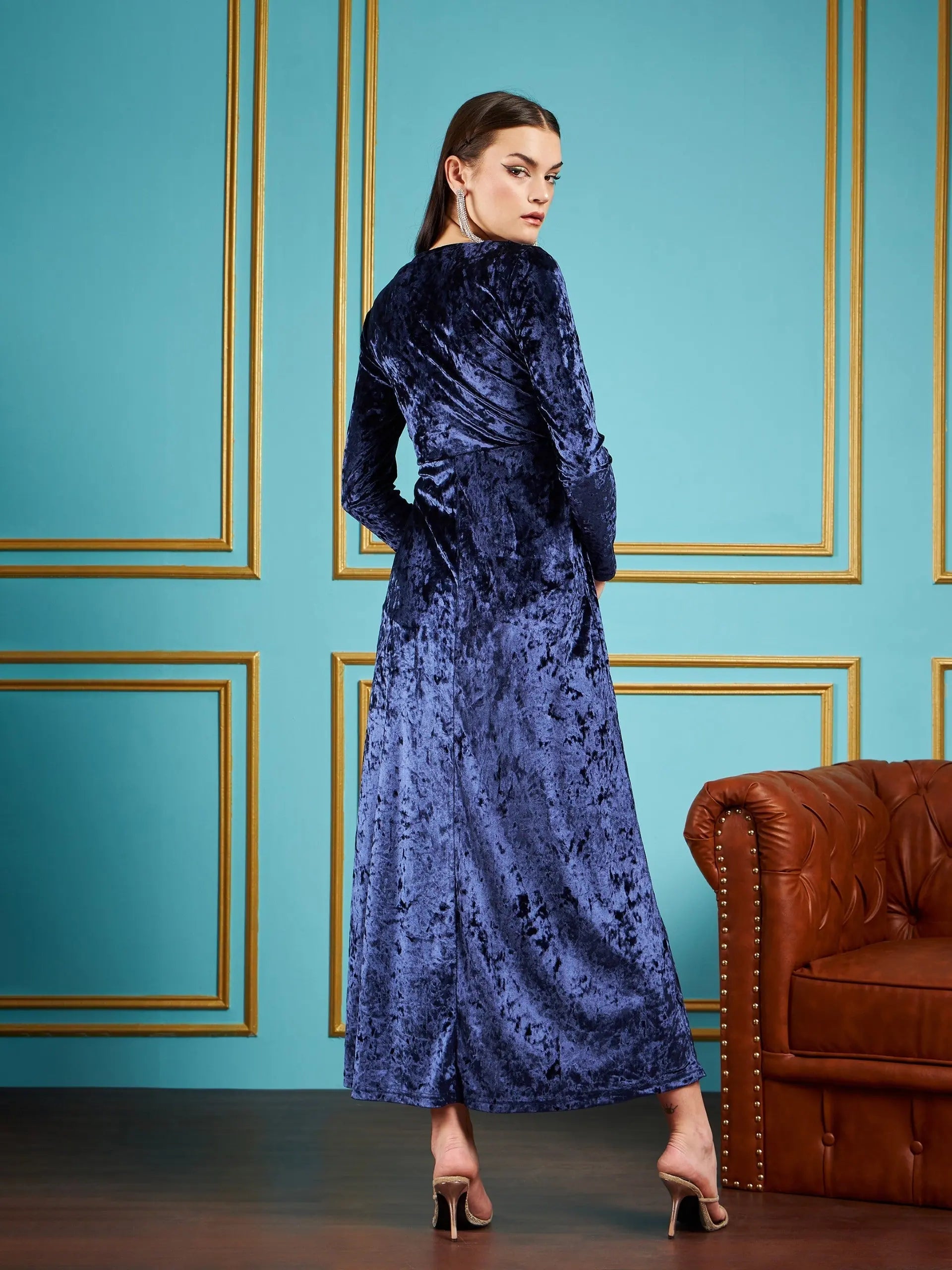 Navy Velvet Front Slit Maxi Dress | Women's Lehenga Choli