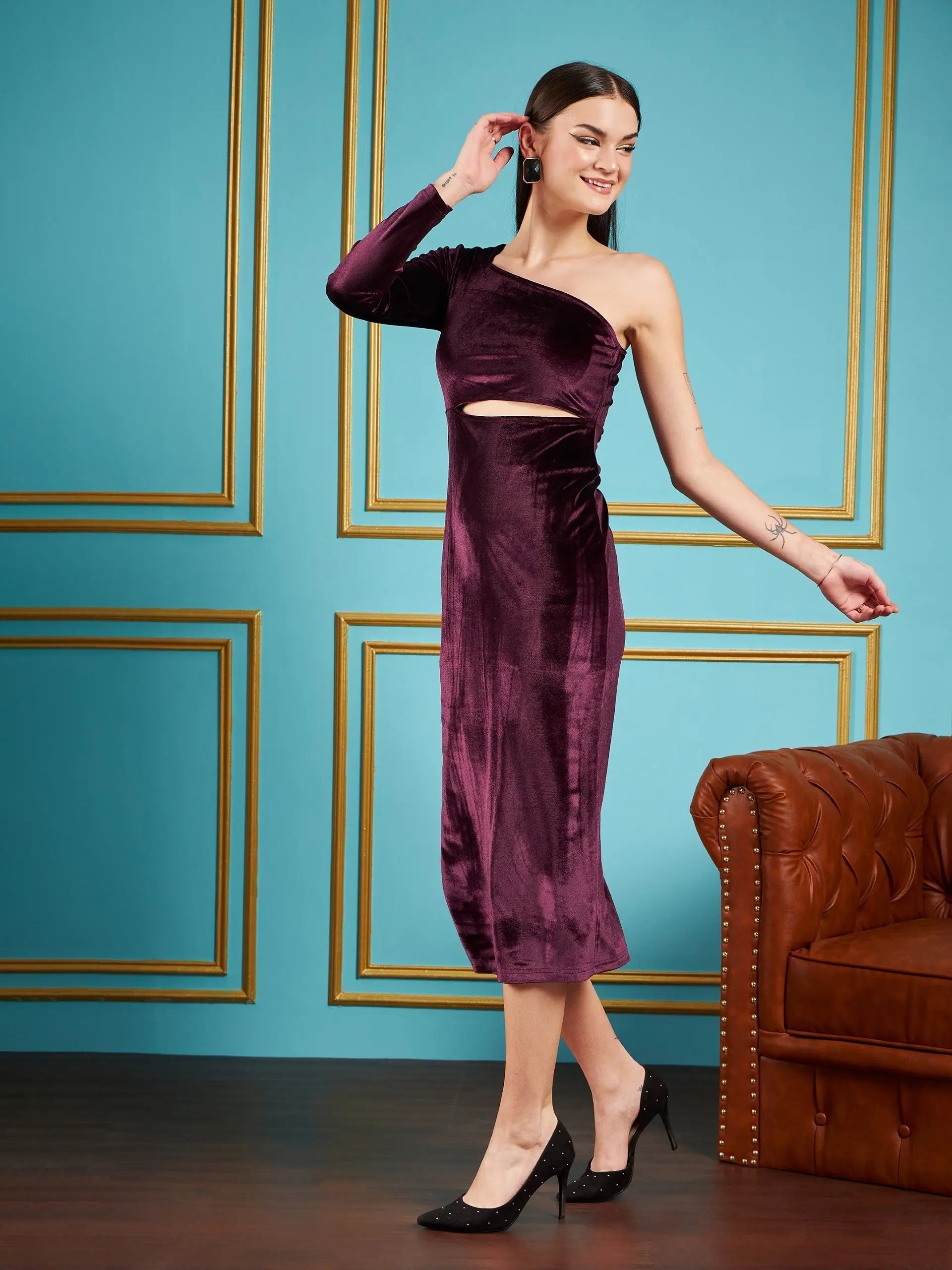 Burgundy Velvet One Shoulder Midi Dress | Women's Lehenga