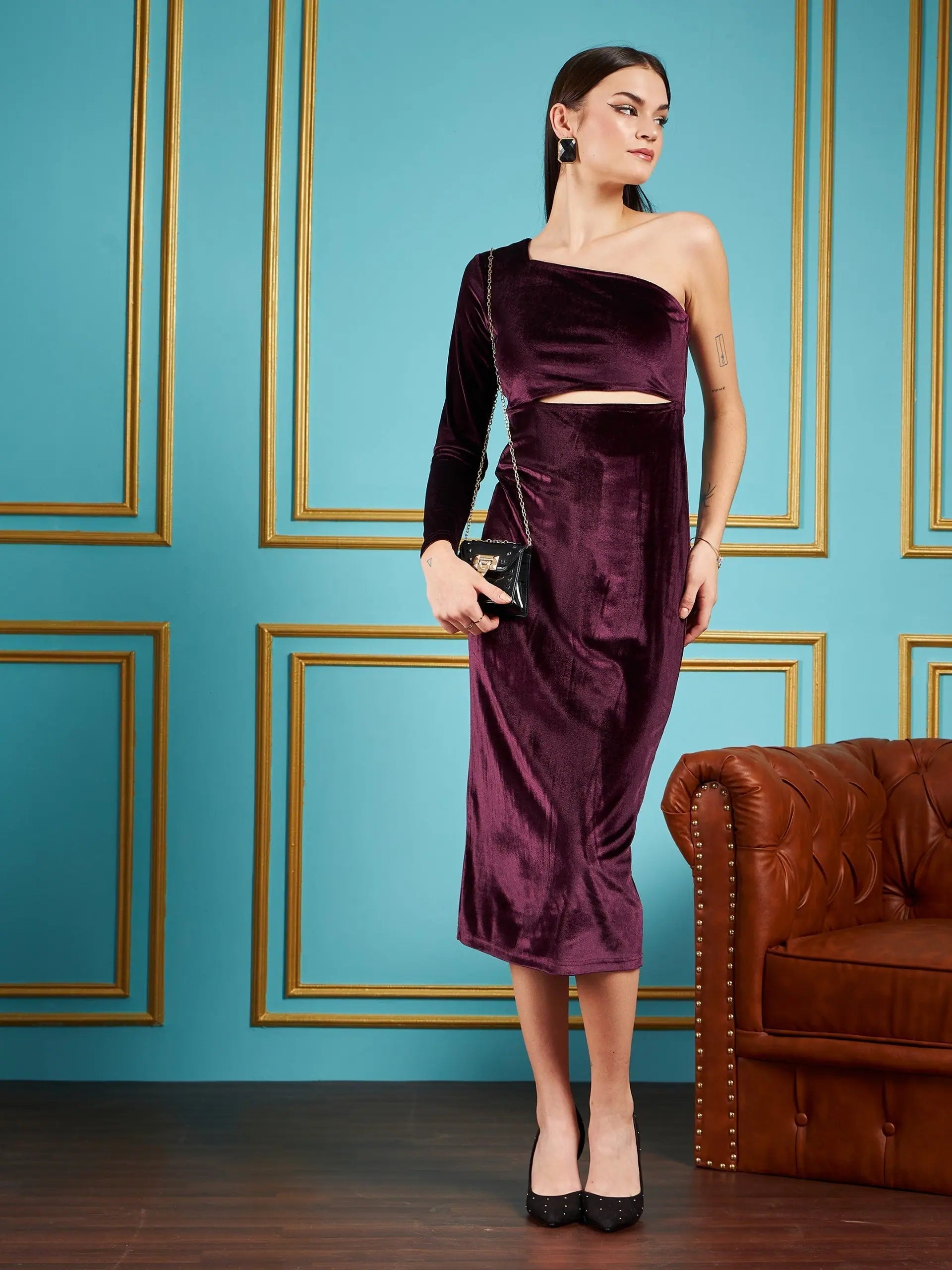 Burgundy Velvet One Shoulder Midi Dress | Women's Lehenga