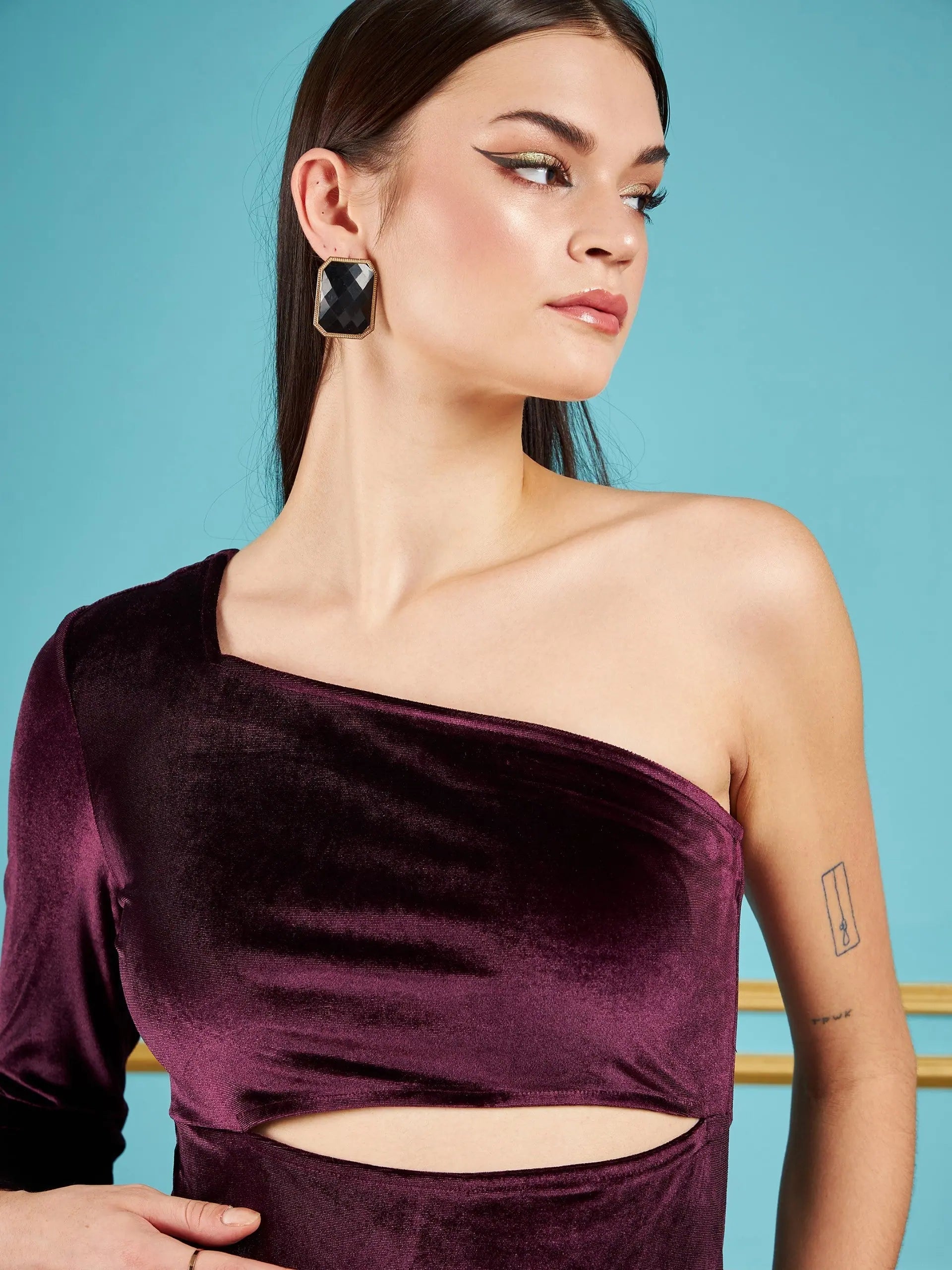 Burgundy Velvet One Shoulder Midi Dress | Women's Lehenga