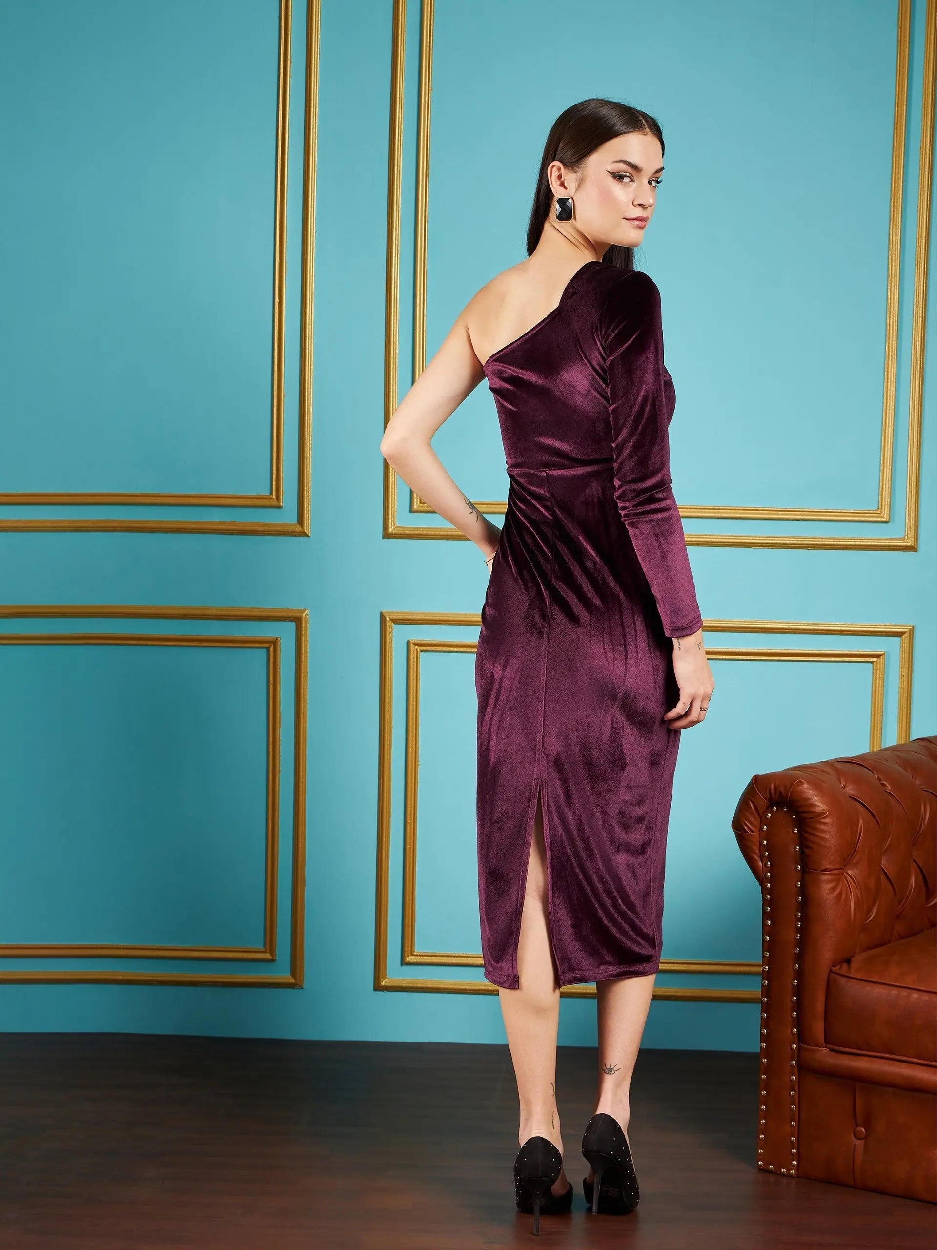 Burgundy Velvet One Shoulder Midi Dress | Women's Lehenga