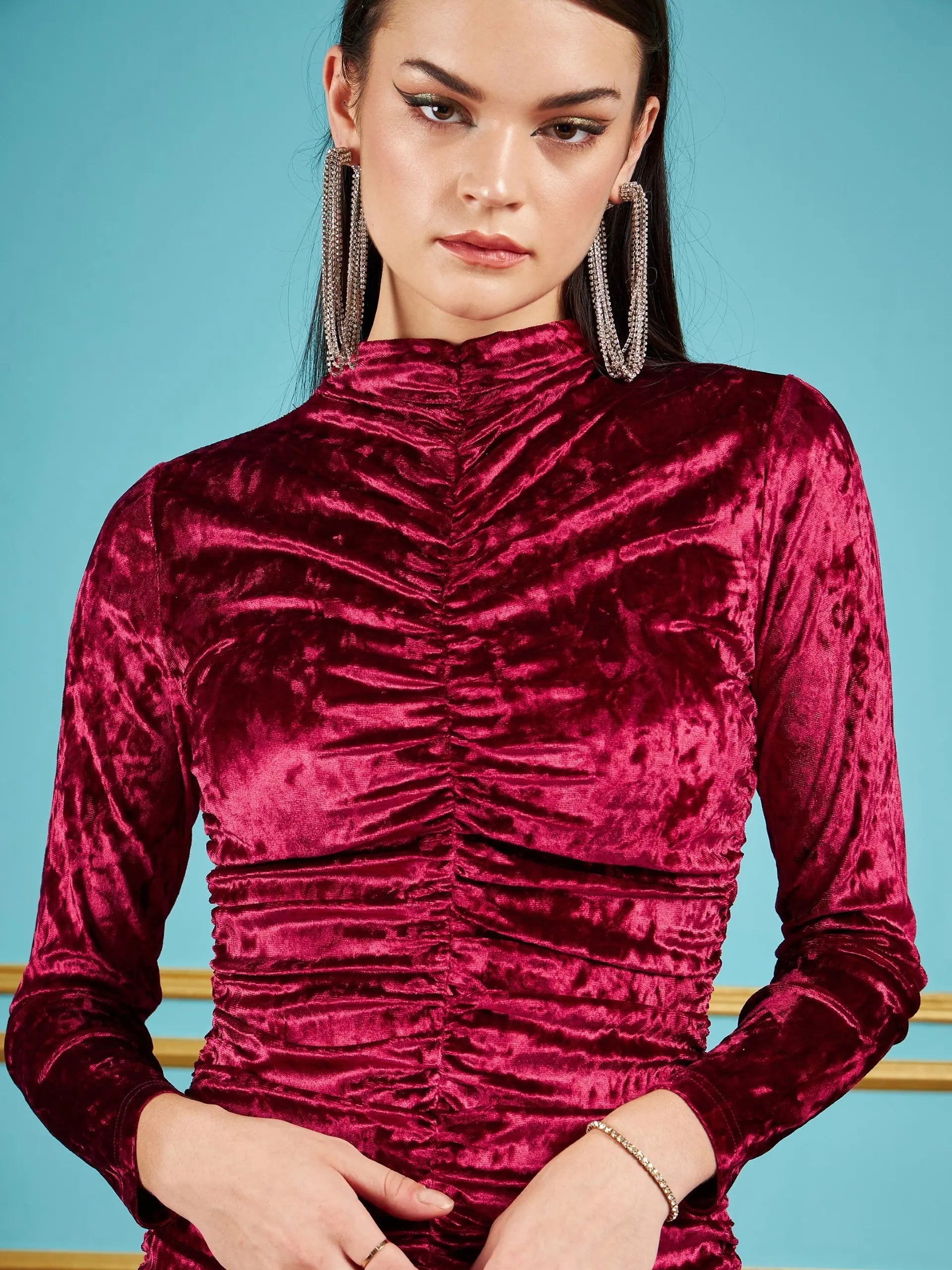 Red Velvet Ruched Dress - Women's Western Wear Outfits