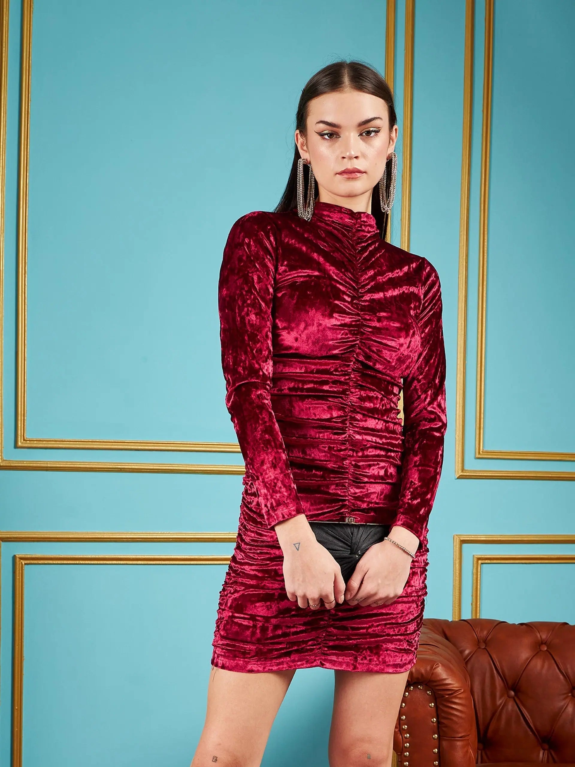 Red Velvet Ruched Dress - Women's Western Wear Outfits