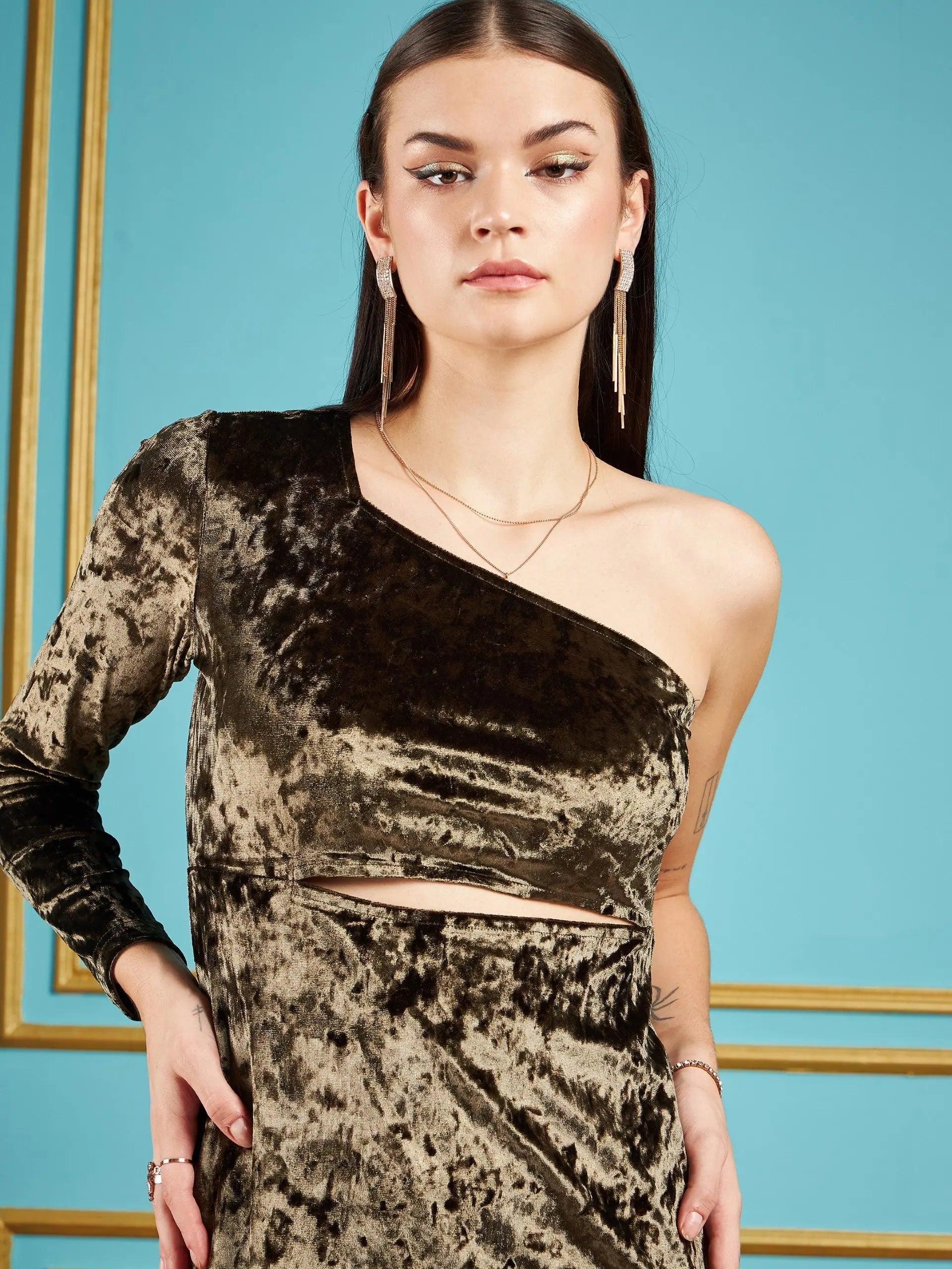 Olive Velvet One Shoulder Midi Dress- Women's Western Wear