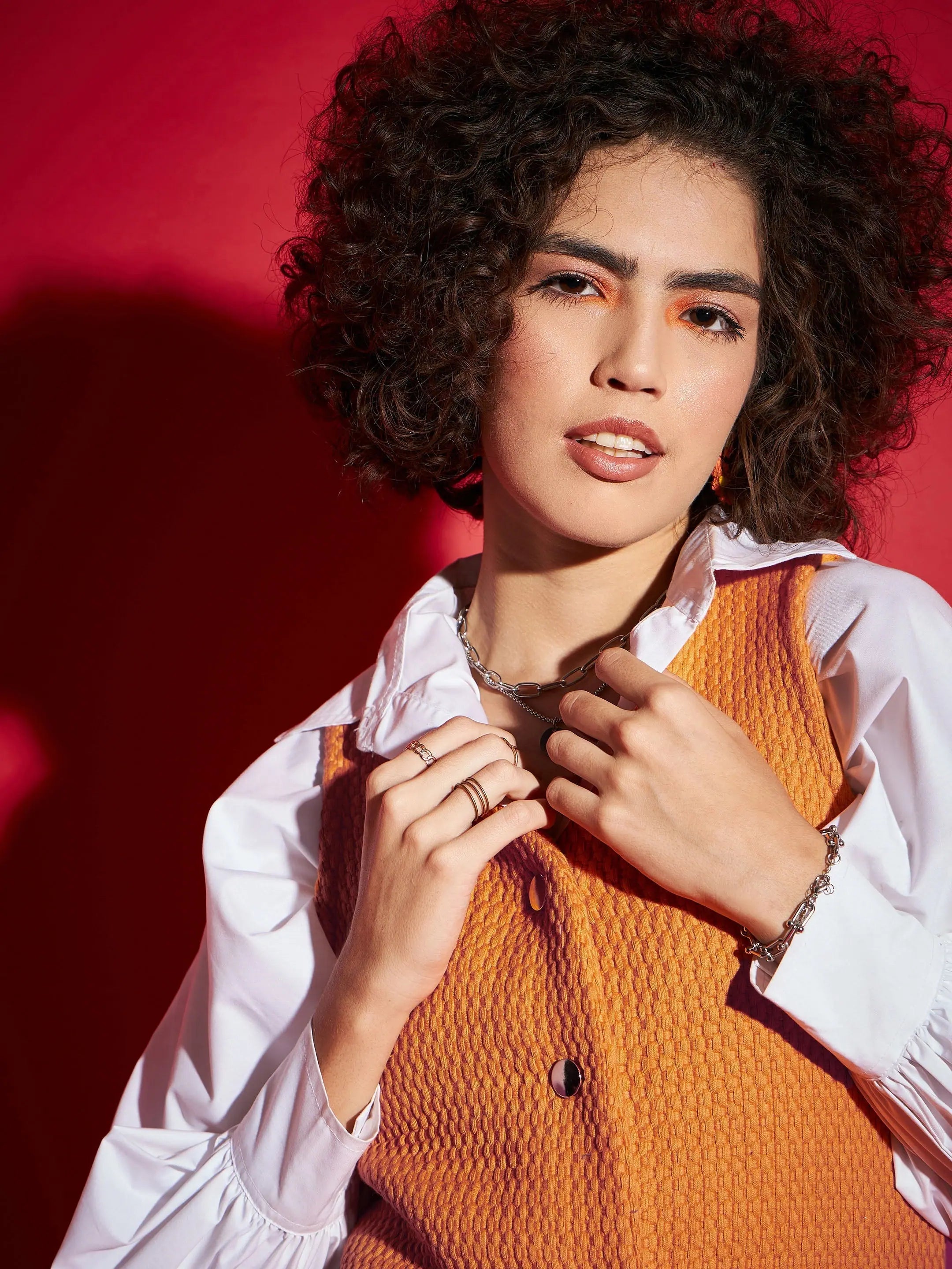 Orange Tweed Button Front Dress - Women's Western Clothing