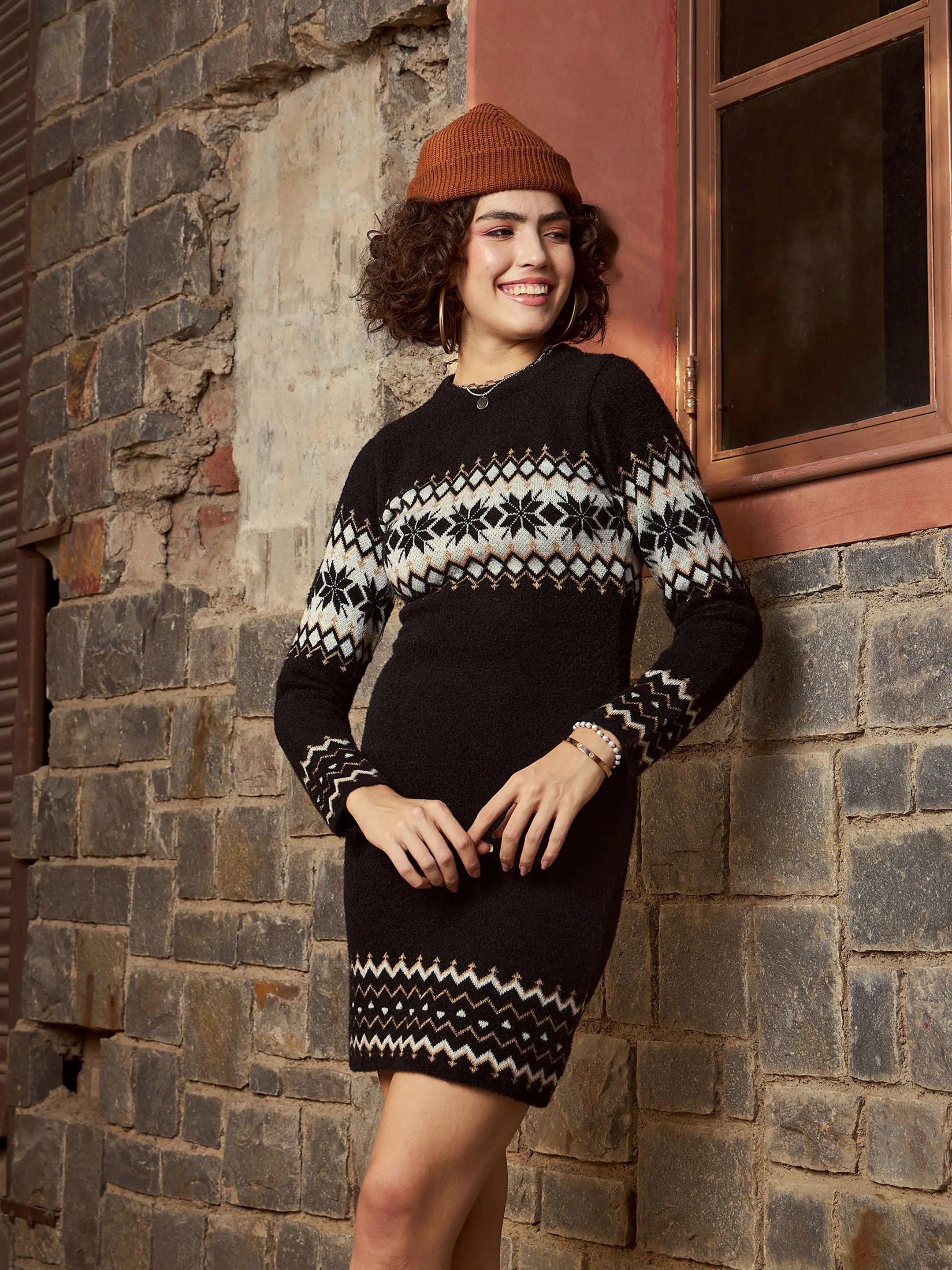 Black Geo Border Sweater Dress - Women's Ethnic Lehenga Style