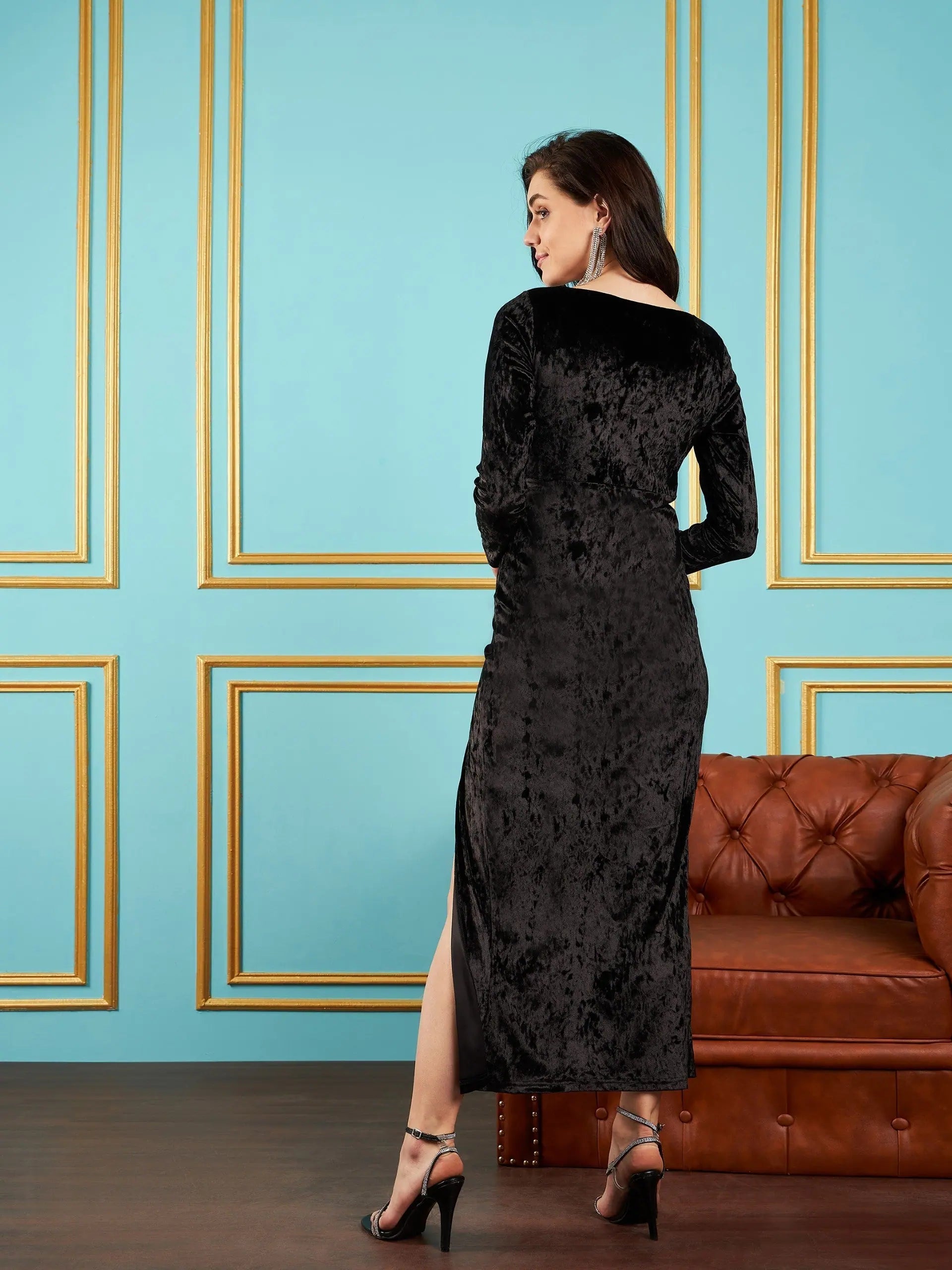 Black Velvet Maxi Dress - Women's Front Slit Bodycon Gown