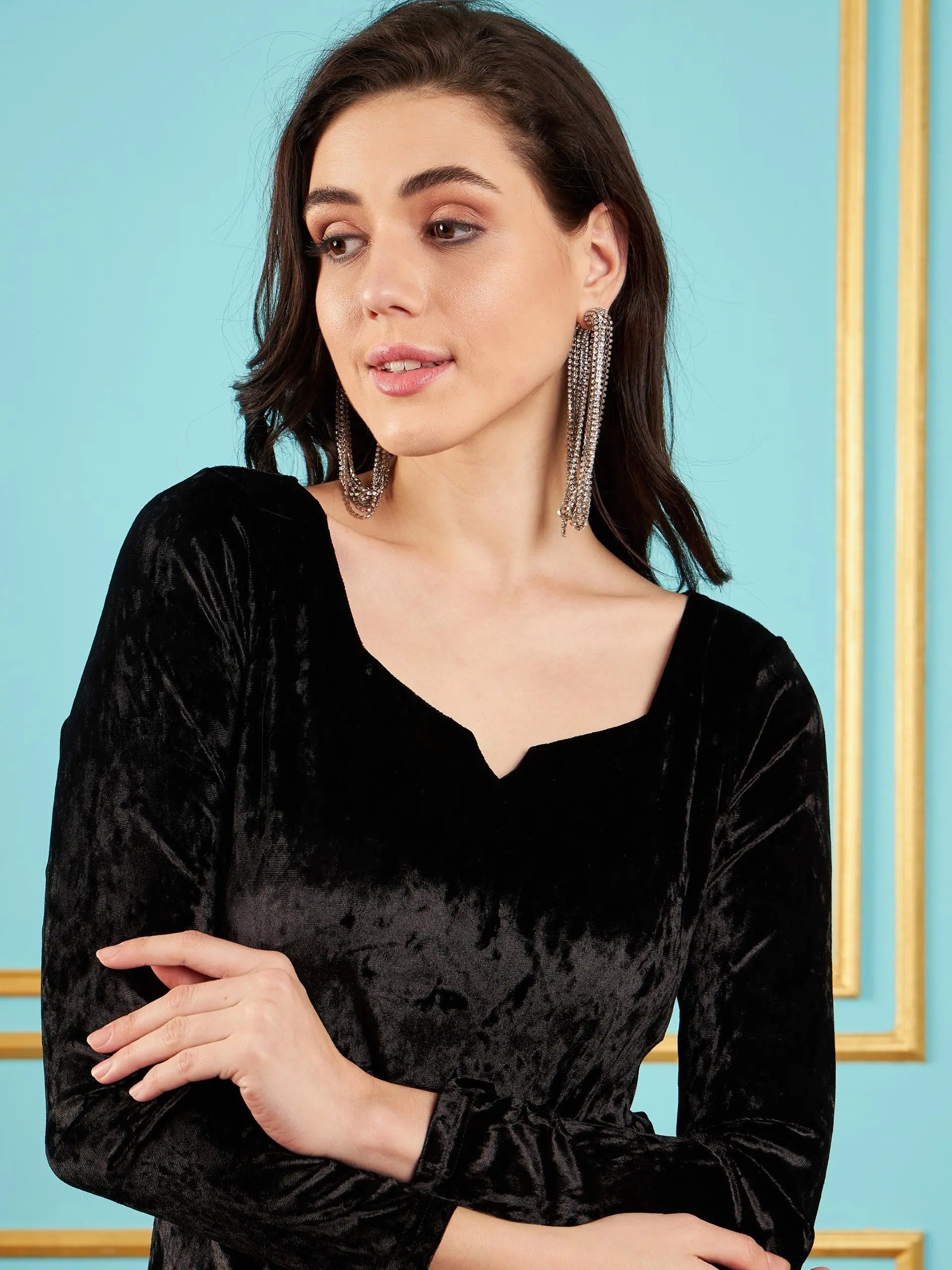 Black Velvet Maxi Dress - Women's Front Slit Bodycon Gown