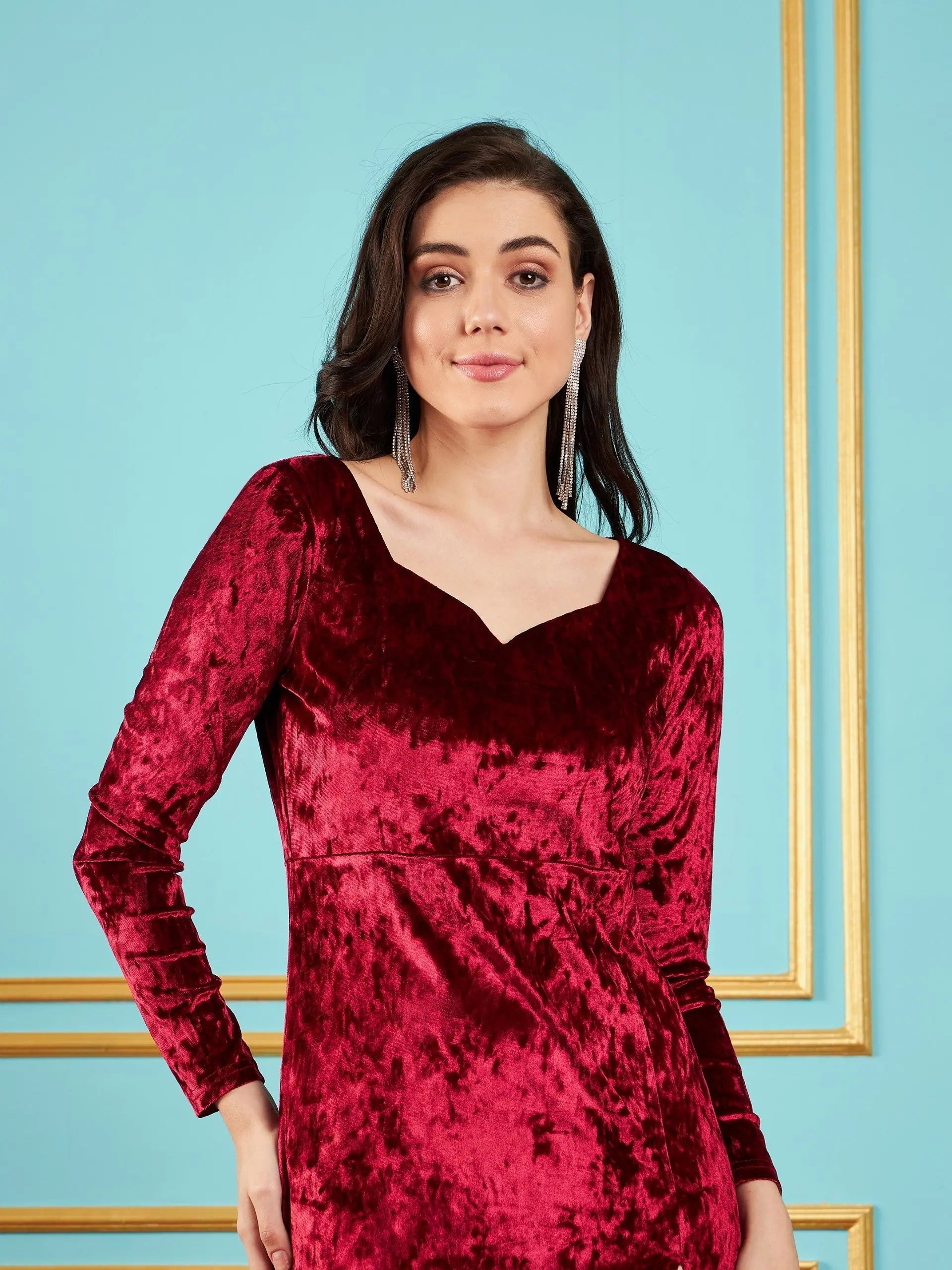 Maroon Velvet Front Slit Maxi Dress - Women's Bodycon Polyester